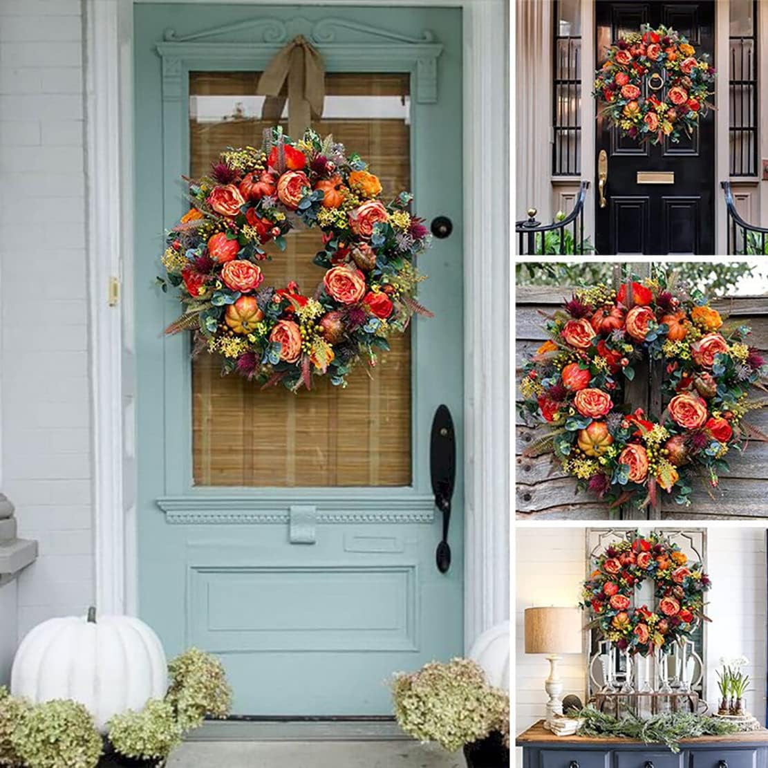 KOMI Fall Peony and Pumpkin Wreath, Autumn Year Round Wreaths for Front Door, Artificial Fall Wreath, Halloween Wreath, Fall Wreaths for Front Door, Autumn Wreath Thanksgiving Wreath (19.68 Inch)