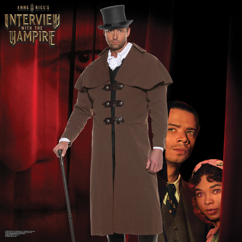 UNDERWRAPS Mens Victorian Carriage Coat - Renaissance Costume, Full Length Coat With Attached Capelet And Strap Closures, Steampunk Cosplay