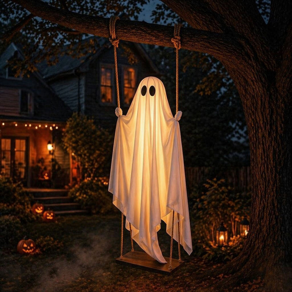 Cloth Hanging Swing Ghost Halloween Outdoor Decor,Remote Controlled LED Lighted Floating Ghost Ornament With 8 Lighting Modes For Porch Tree Yard Seasonal Holiday Display,Total Length 120.4 in.A