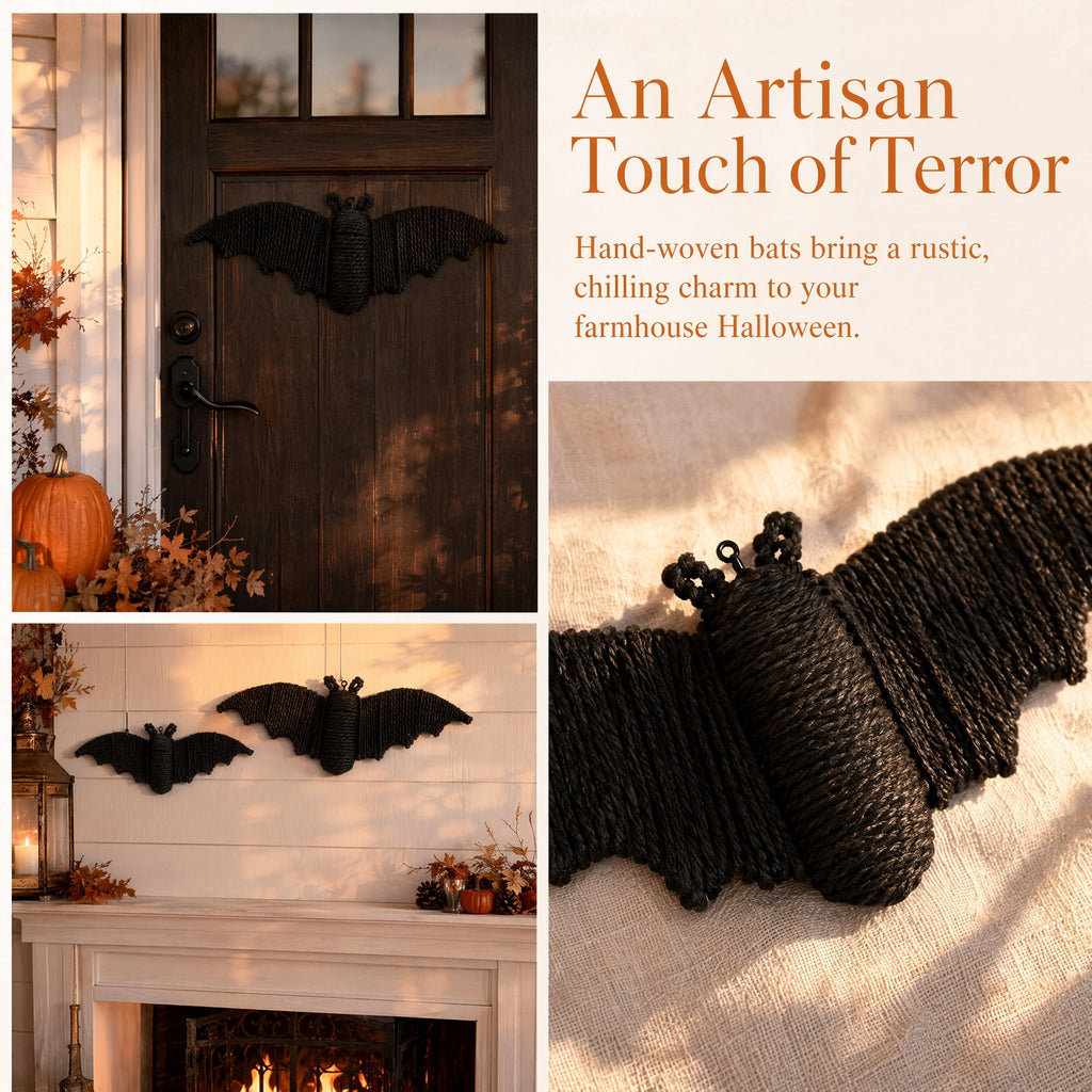 GoLucid Halloween Woven Bat Wall Decoration 3 Pack, Handcraft Rattan Bat Hanging Ornament Set 6.3" 7.48" 9.06", Indoor Outdoor Decor