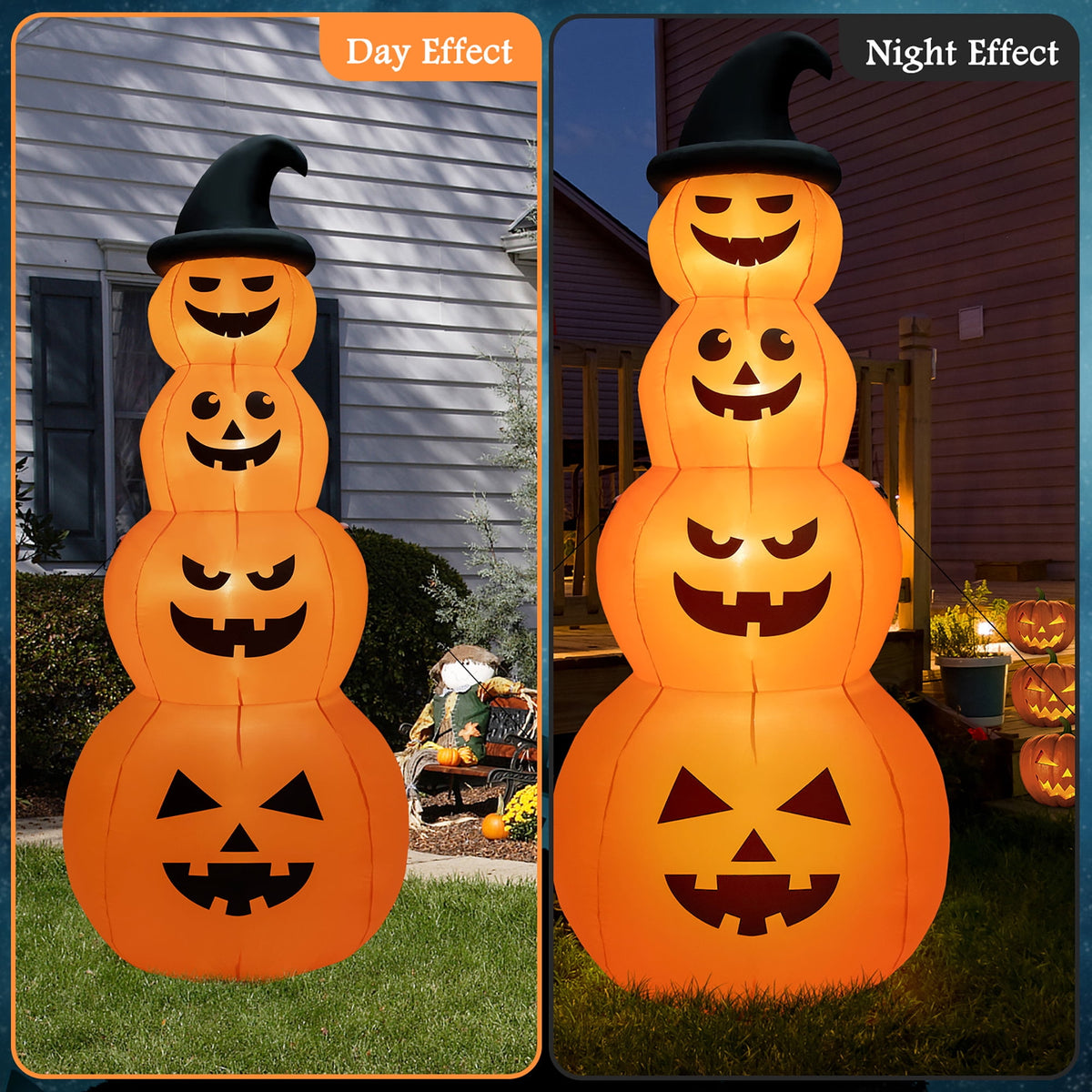 Gymax 8 ft Inflatable Halloween Pumpkins Stack Holiday Decor w/ Built-in LED Lights