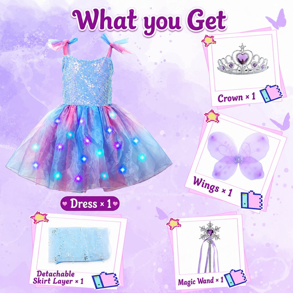 WonderStone Princess Dress for Girls, Light-Up Fairy Costume Dress-Up with Luxury Accessories, Purple Tutu Outfit for Birthday Parties, Kids & Toddlers Ages 5-6