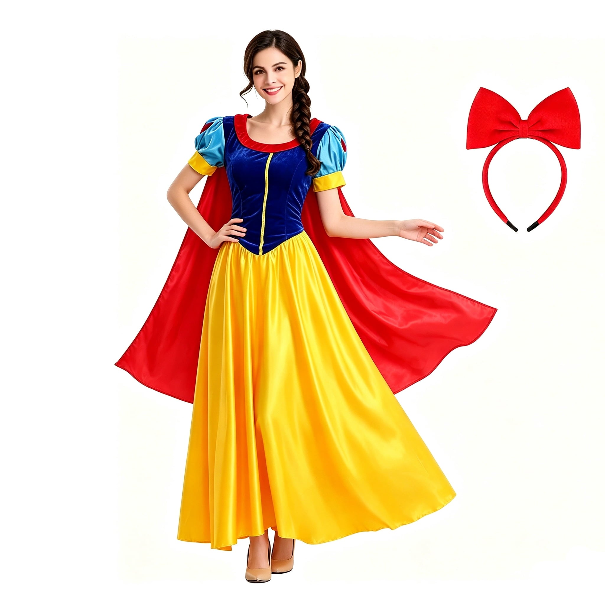 Snow Princess Dress for Women Halloween Fairytale Costume with headband , Size S-2XL