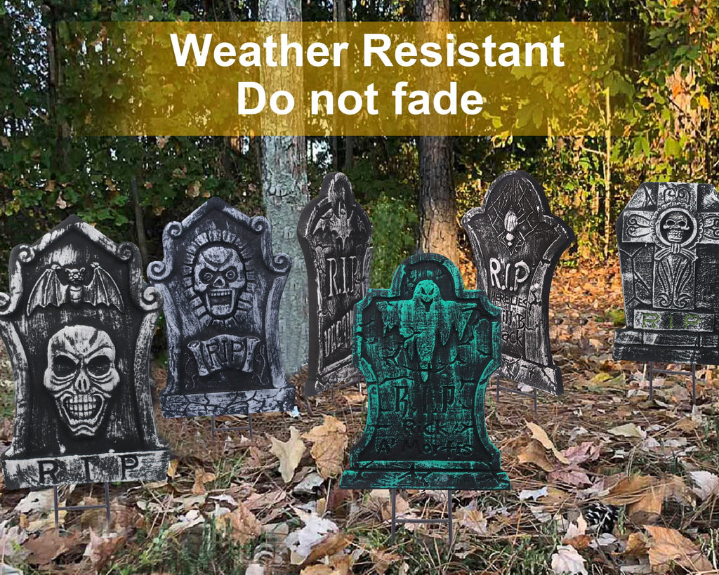 Gamexcel 3-Pack Large 17" Halloween Foam RIP Tombstones with Stakes - Graveyard Lawn Decorations for Spooky Haunted House Decor