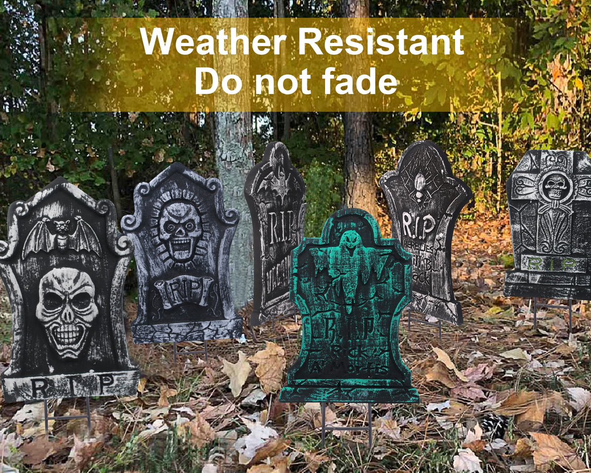 Gamexcel 3-Pack Large 17" Halloween Foam RIP Tombstones with Stakes - Graveyard Lawn Decorations for Spooky Haunted House Decor