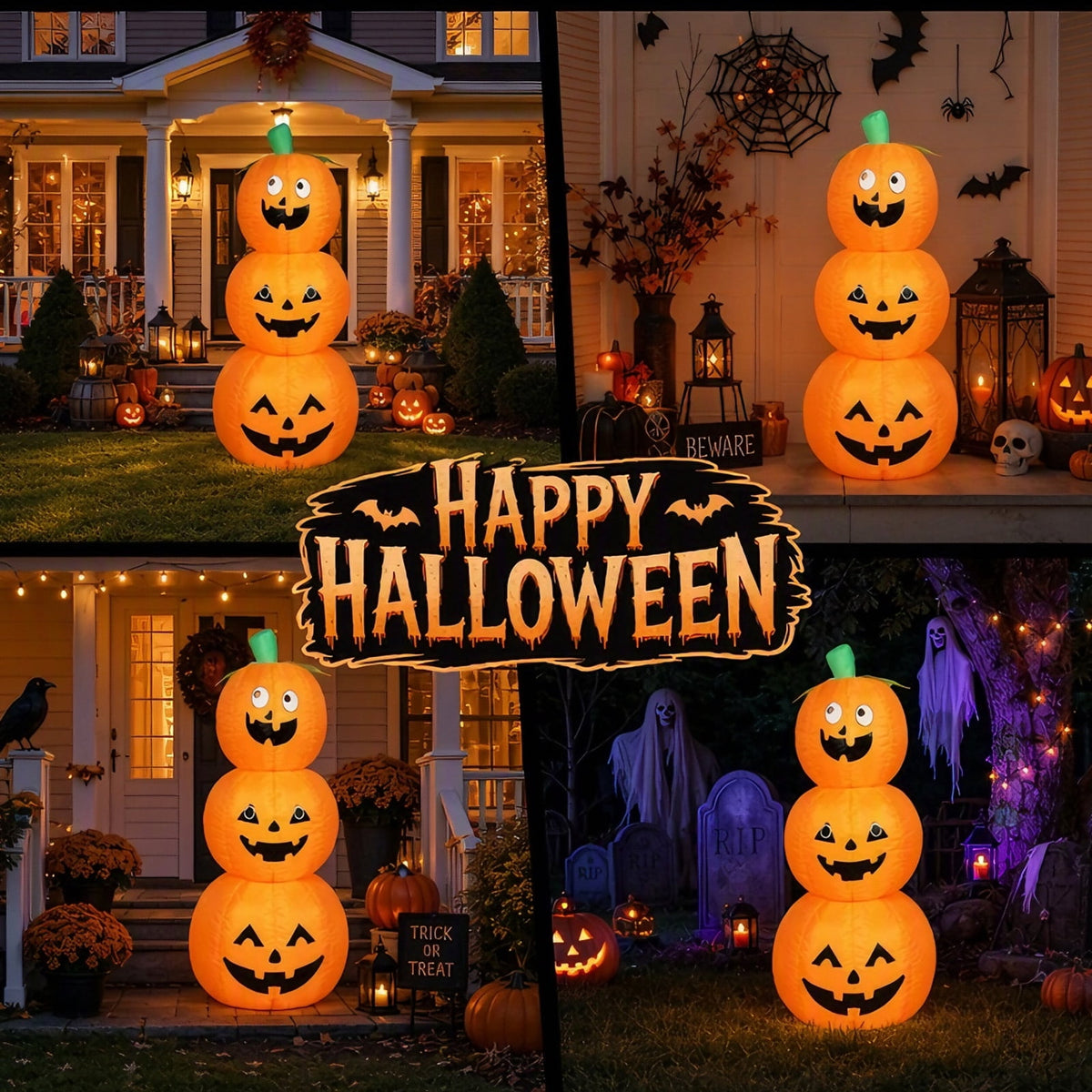 6 FT Halloween Inflatables Stacked Pumpkins Ghost with Build-in LEDs for Porch,Halloween Pumpkin Decor Blow up Yard Decorations