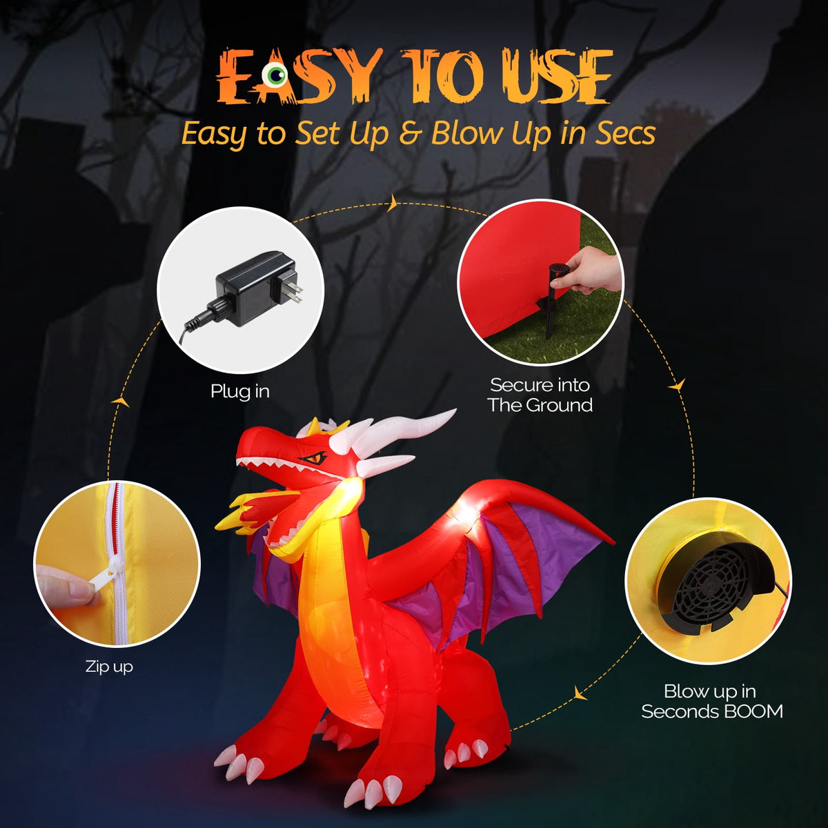Zimtown 6FT Halloween Inflatables Fire Dragon Outdoor Halloween Decoration Built-in LED Lights