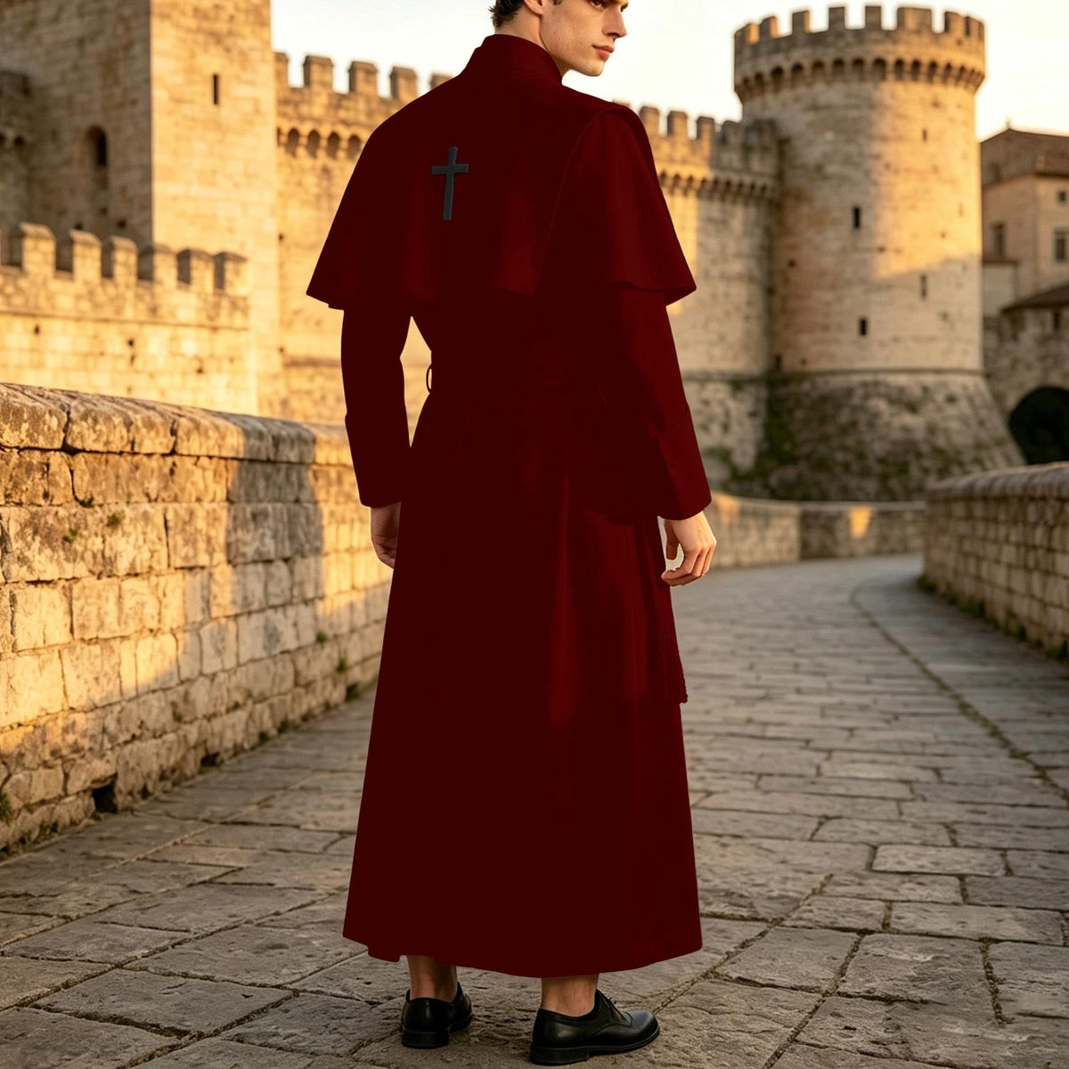 JOANKDMI Catholic Priest Costume for Men Clergy Cassock Robe with Capelet and Sash Halloween Party Outfit Religious Father Minister Fancy Dress for Men