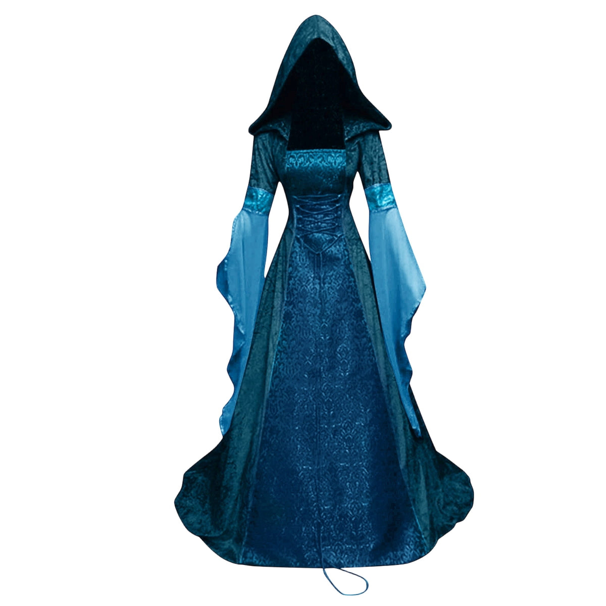Medieval Renaissance Hooded Dress for Women, Silver Gothic Witch Costume with Lace-Up Corset, Vintage Velvet Long Sleeve Gown for Halloween Cosplay Renaissance Wedding Themed Party-Dark Blue/L