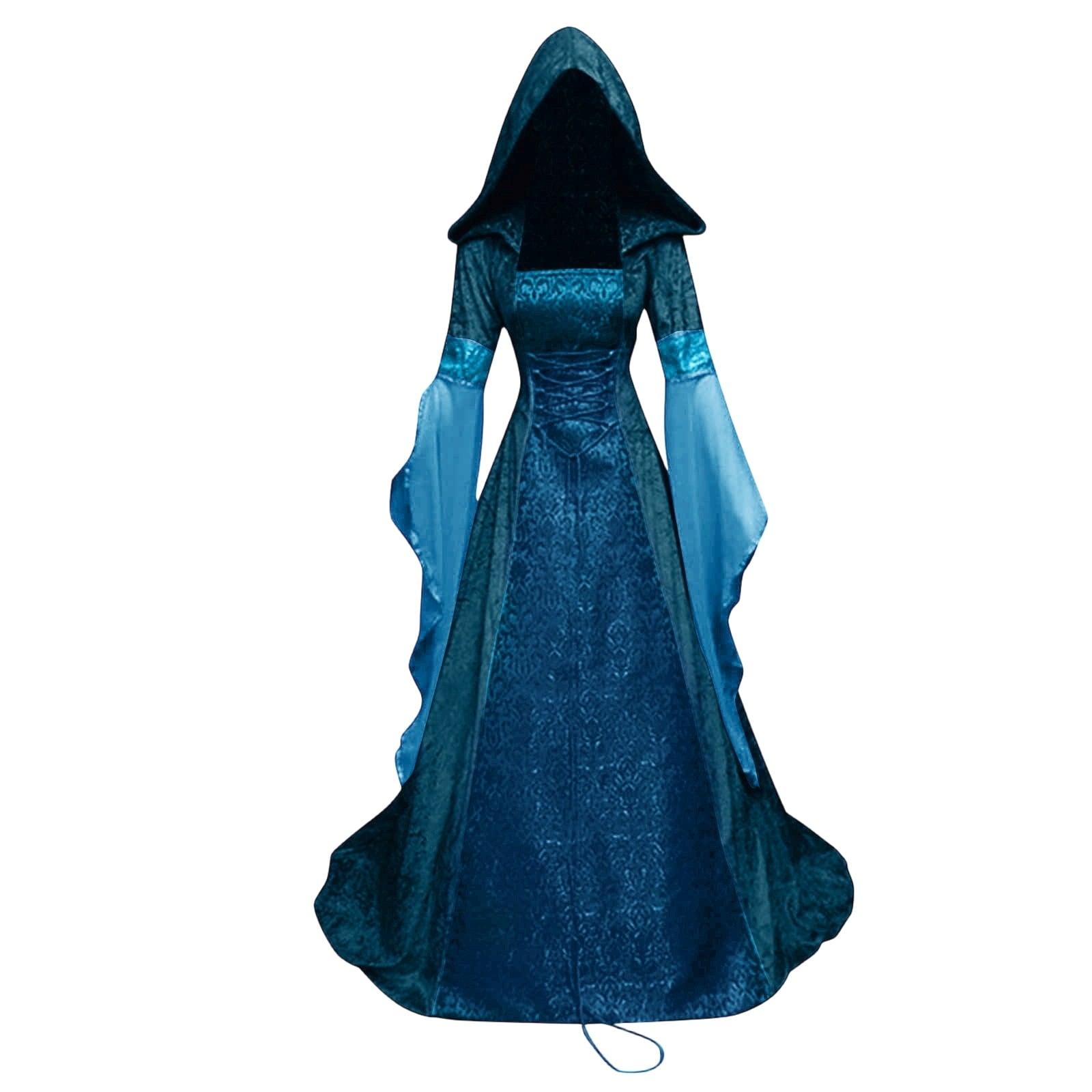 Women Gothic Cold Shoulder Midi Dress, Sheer Flare Bell Sleeve Front Corset Irregular Witch Costume Dress, Adult Halloween Dark Aesthetic Vintage Formal Evening Cosplay Party Outfit(Navy-2/M)
