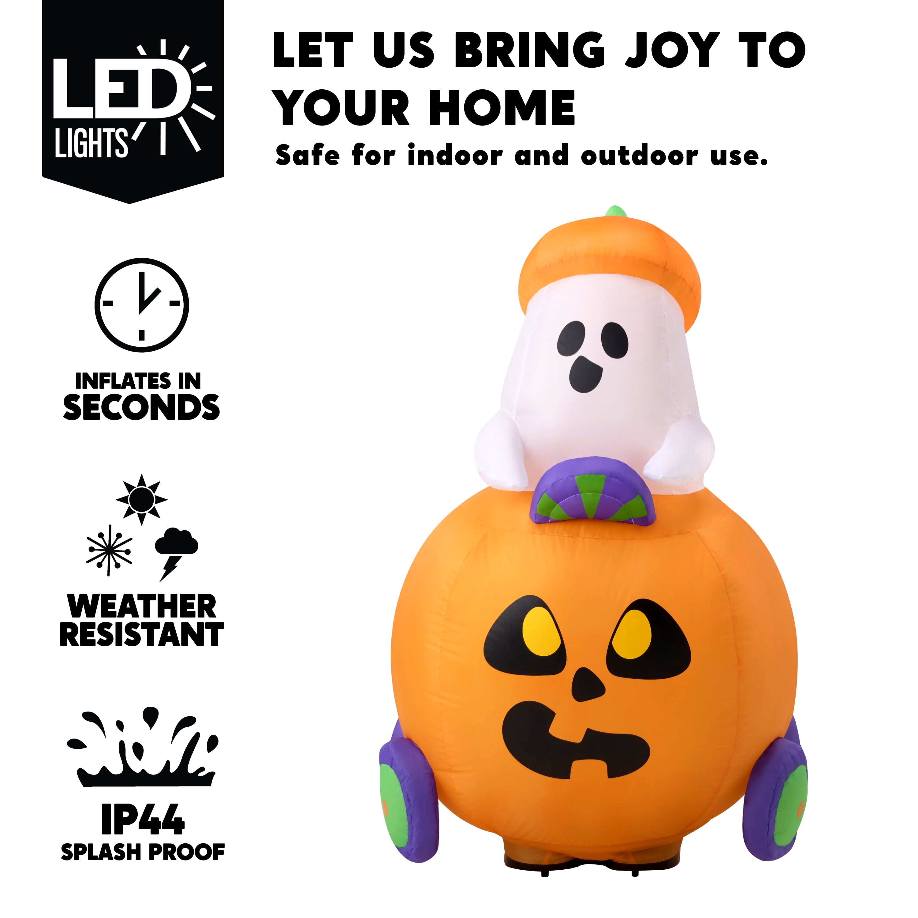 Joyfy 5ft Halloween Inflatables Light up Cute Ghost,Blow Up Ghost Lift Pumpkin Candy Bag with Build-in LEDs for Yard Decorations
