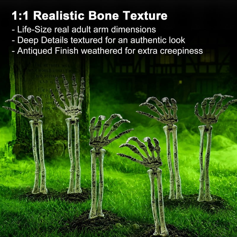 GameXcel Skeleton Hands Halloween Yard Decorations, 6 Pack 18 in Posable Skeleton Arms with Ground Stakes, Outdoor Graveyard Lawn Decor