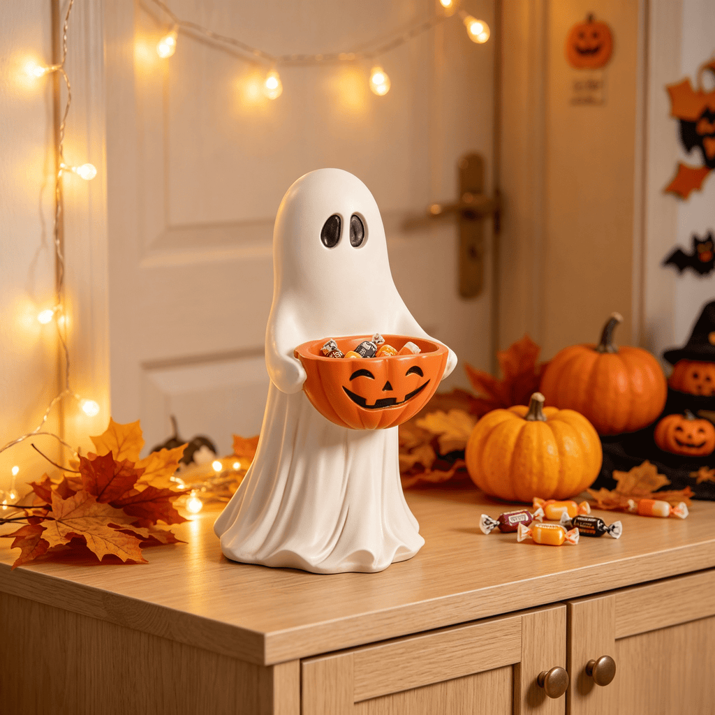 Halloween Ghost Figurine with Pumpkin Candy Bowl, Resin Spooky Ghost Statue Holding Jack O Lantern Treat Bowl, Cute Ghost Candy Holder Tabletop Decor for Front Door Decorations White