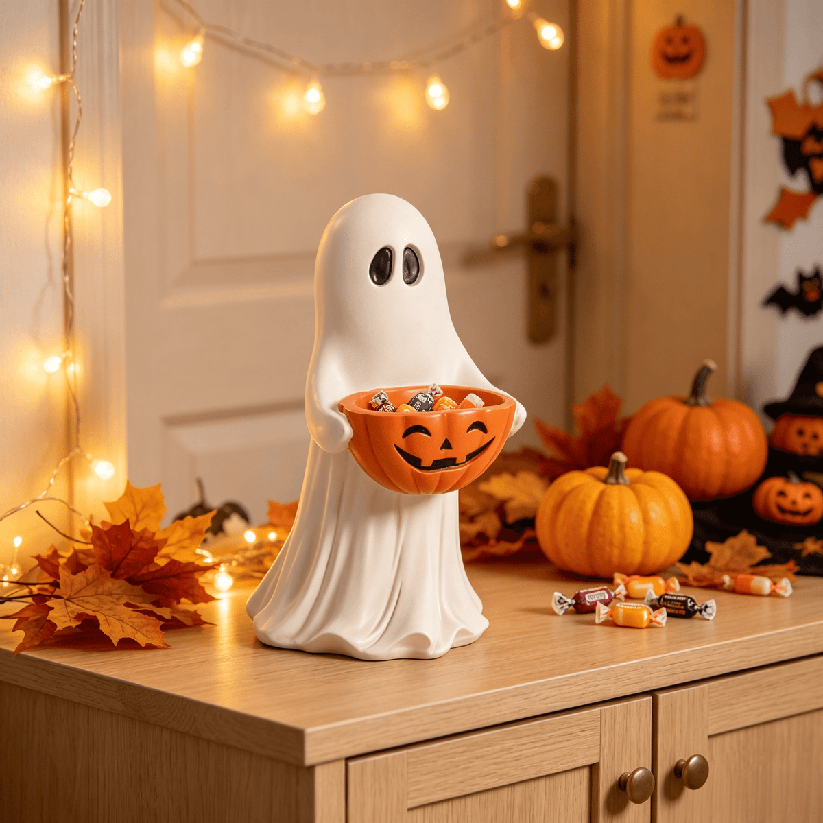 Halloween Ghost Figurine with Pumpkin Candy Bowl, Resin Spooky Ghost Statue Holding Jack O Lantern Treat Bowl, Cute Ghost Candy Holder Tabletop Decor for Front Door Decorations White