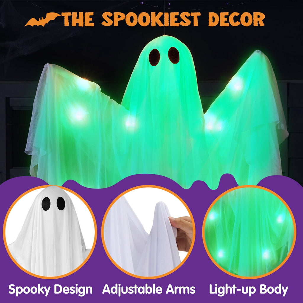 Joyfy 47inch Halloween Decorations Outdoor Hanging Ghost,Light up White Ghosts with Spooky Warm White LED Light,Halloween Outdoor Yard Porch Decorations,Haunted House Decorations