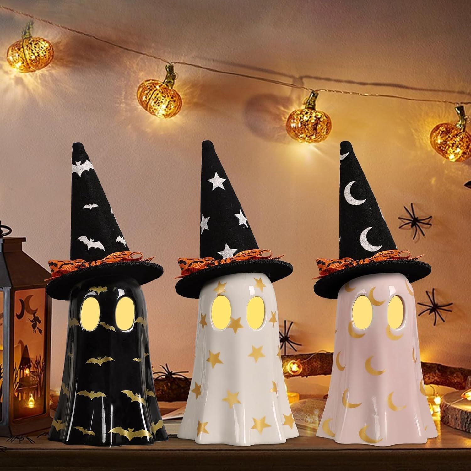 3Pcs Ceramic Ghost Figurines with Witch Hats Halloween Table Decor Set for Mantel Shelf Centerpiece Gift
