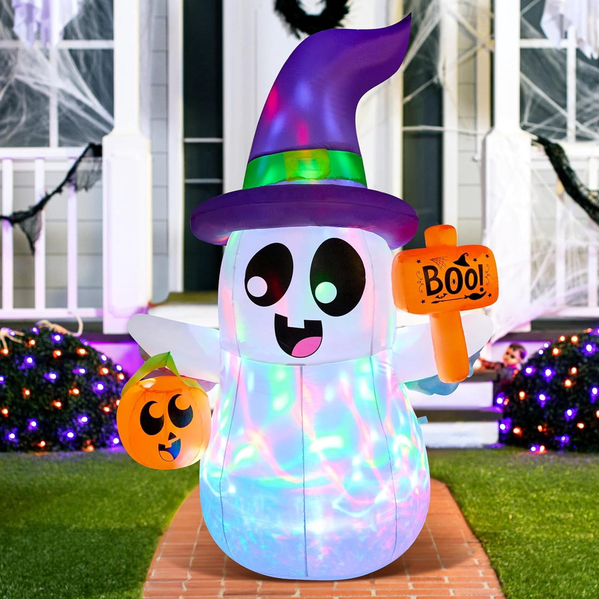 Joyfy 5Ft Halloween Inflatable Pumpkin Ghost with Colorful LED Lights,Halloween Blow Up Cute Decor for Indoor Outdoor Holiday Yard Decoration