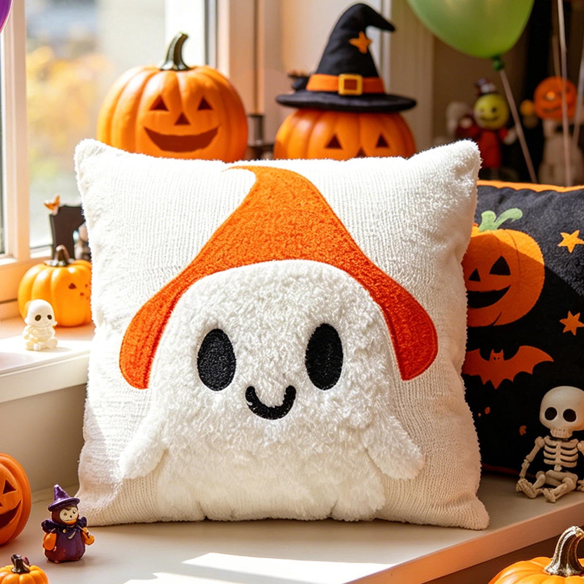 Yeciiwht Halloween Throw Pillow Cover – 18*18inch Embroidered Linen Cushion Case with Ghost, Mummy & Bat Designs, Invisible Zipper, Machine Washable
