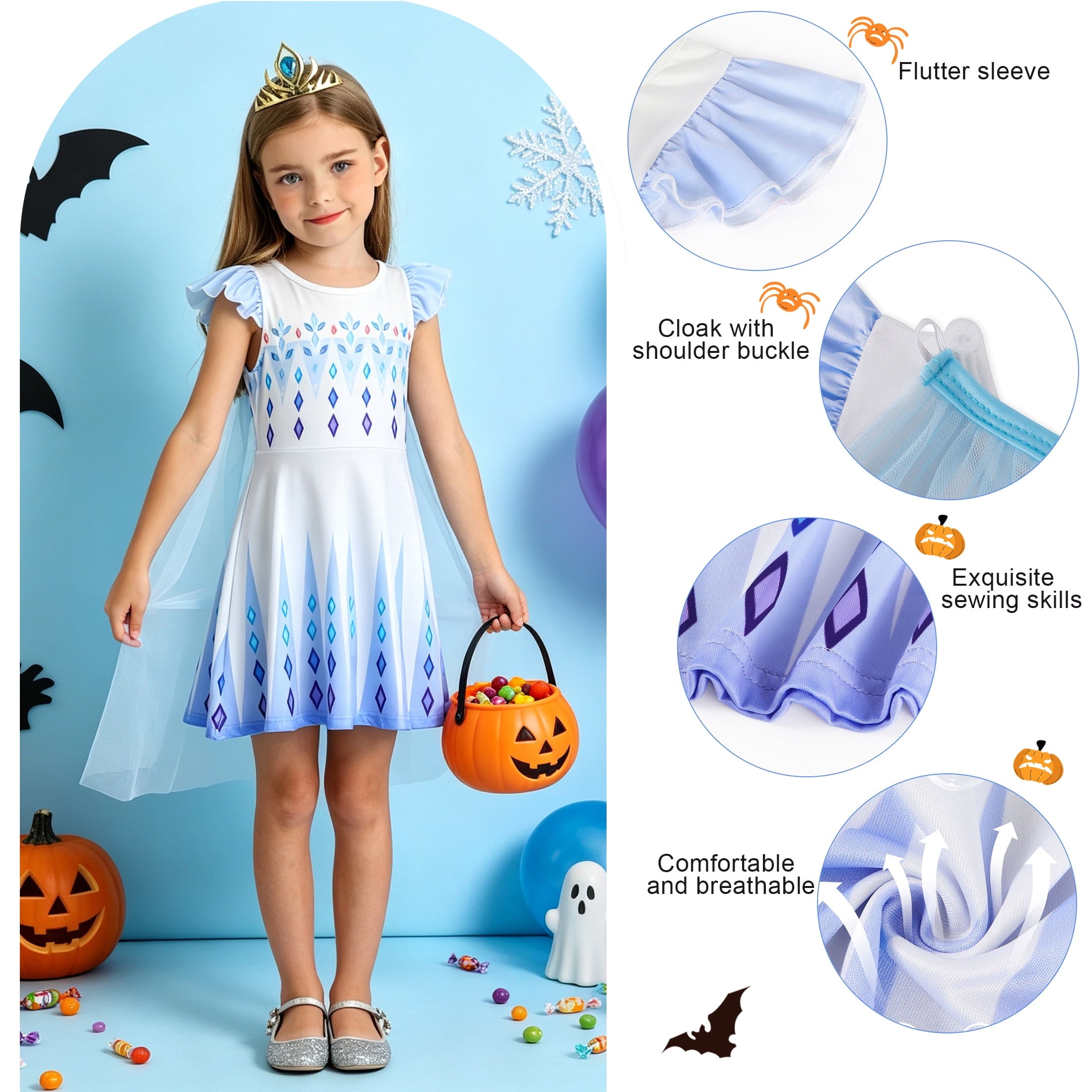 Benylion Girls Ice Princess Dress Halloween Cosplay Costumes With Tulle Cape Kids Birthday Party Dress up Outfit for 7-8 Years