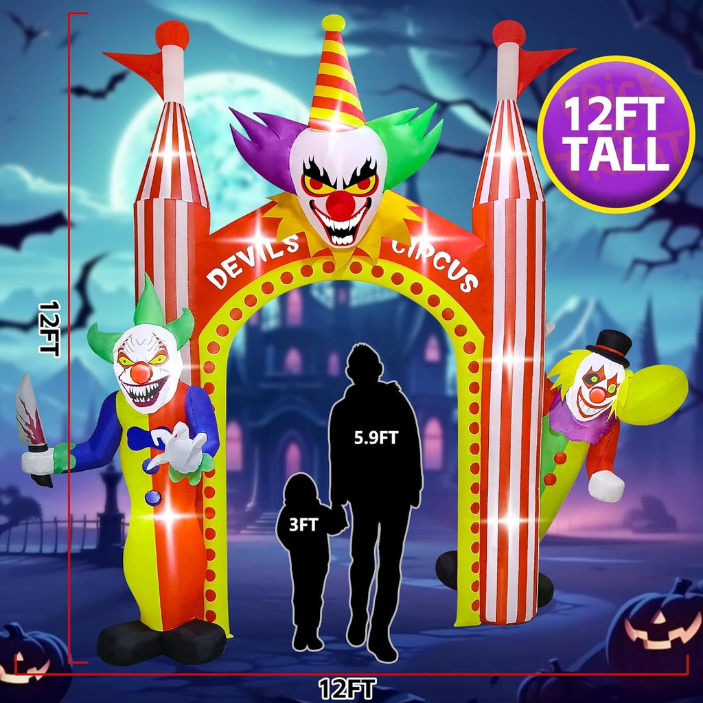 Kalolary 12FT Giant Clown Inflatable Archway with Built-in Lights – Scary Outdoor Yard Decorations for Garden, Lawn, and Indoor Halloween Decor
