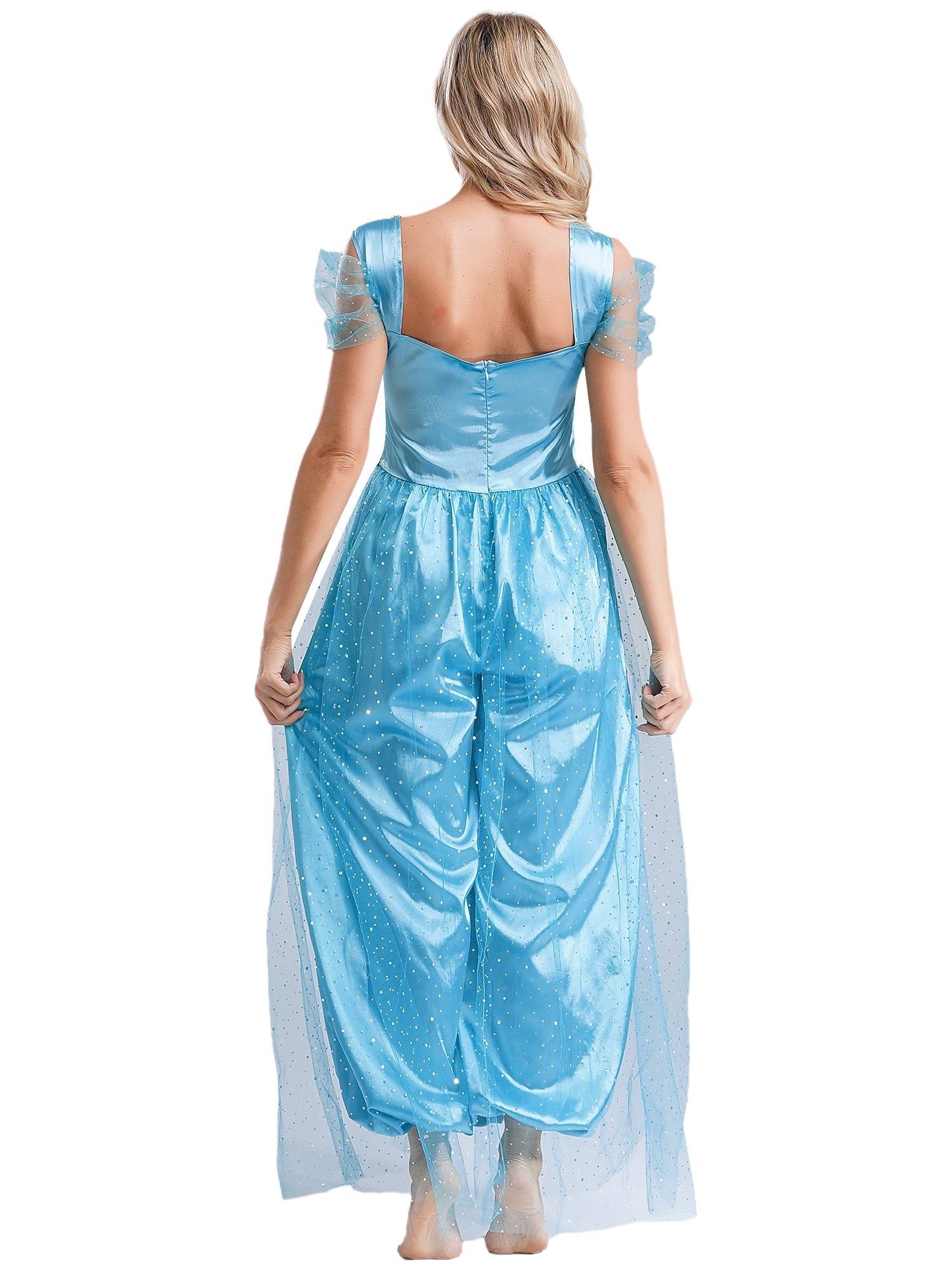 Aislor Women Halloween Arabian Princess Cosplay Costume Sequins Belly Dance Romper Jumpsuit Fancy Dress Lake Blue L