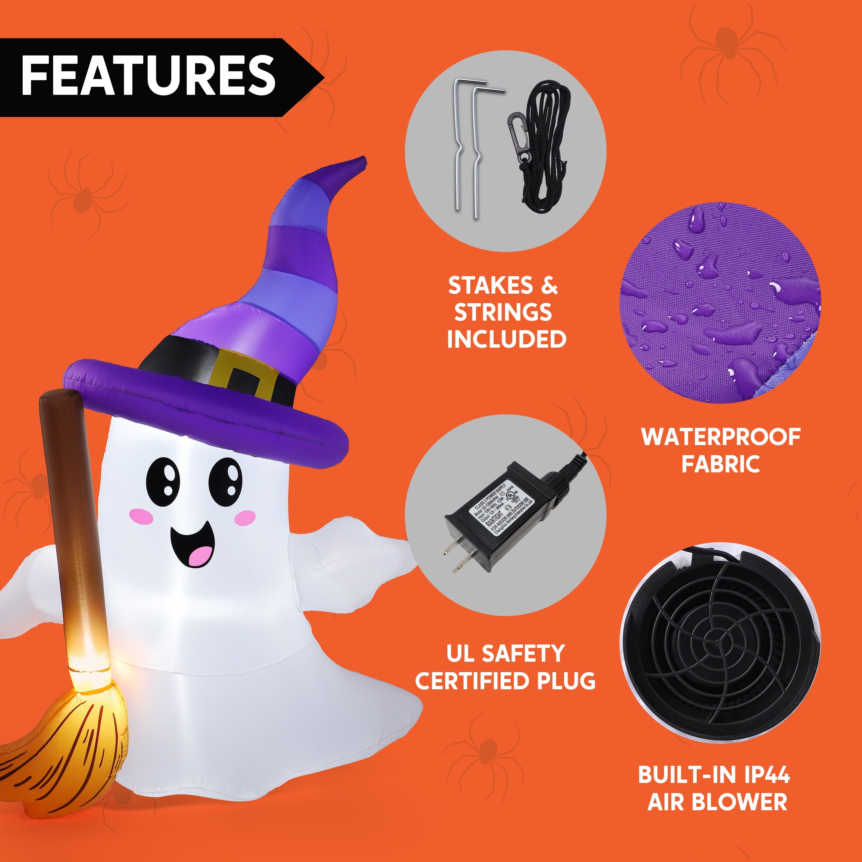 Joyfy 5ft Halloween Inflatables Light up Cute Ghost,Blow Up Ghost Lift Pumpkin Candy Bag with Build-in LEDs for Yard Decorations