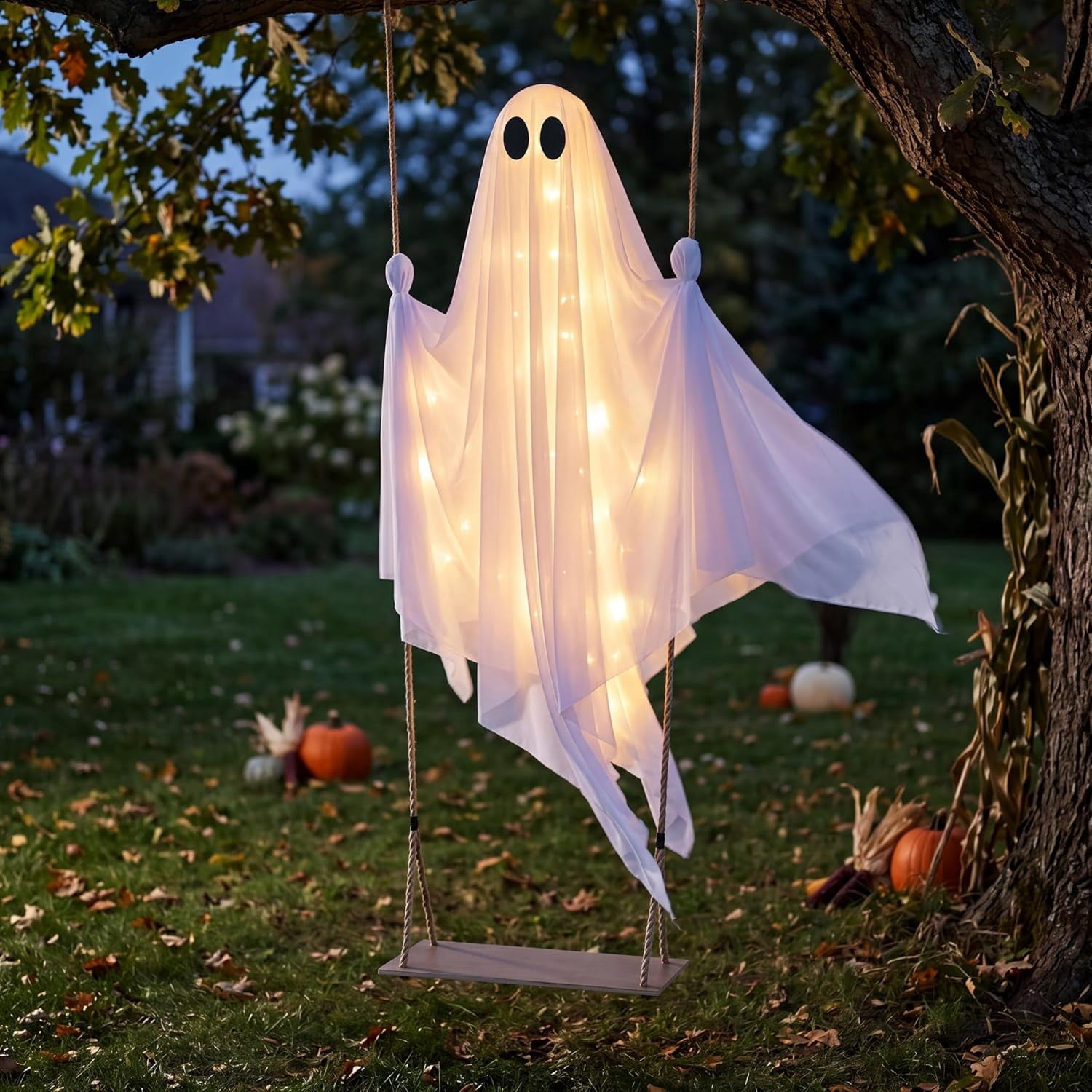Joyfy 3 FT Halloween Hanging Swinging Skeleton,Light Up Creepy Grim Reaper with Black Hood Decorations for Halloween Hanging Decorations Indoor Outdoor Yard Home Decorations