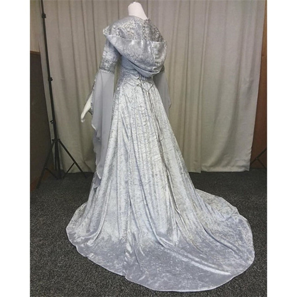 Women Gothic Cold Shoulder Midi Dress, Sheer Flare Bell Sleeve Front Corset Irregular Witch Costume Dress, Adult Halloween Dark Aesthetic Vintage Formal Evening Cosplay Party Outfit(Navy-2/M)