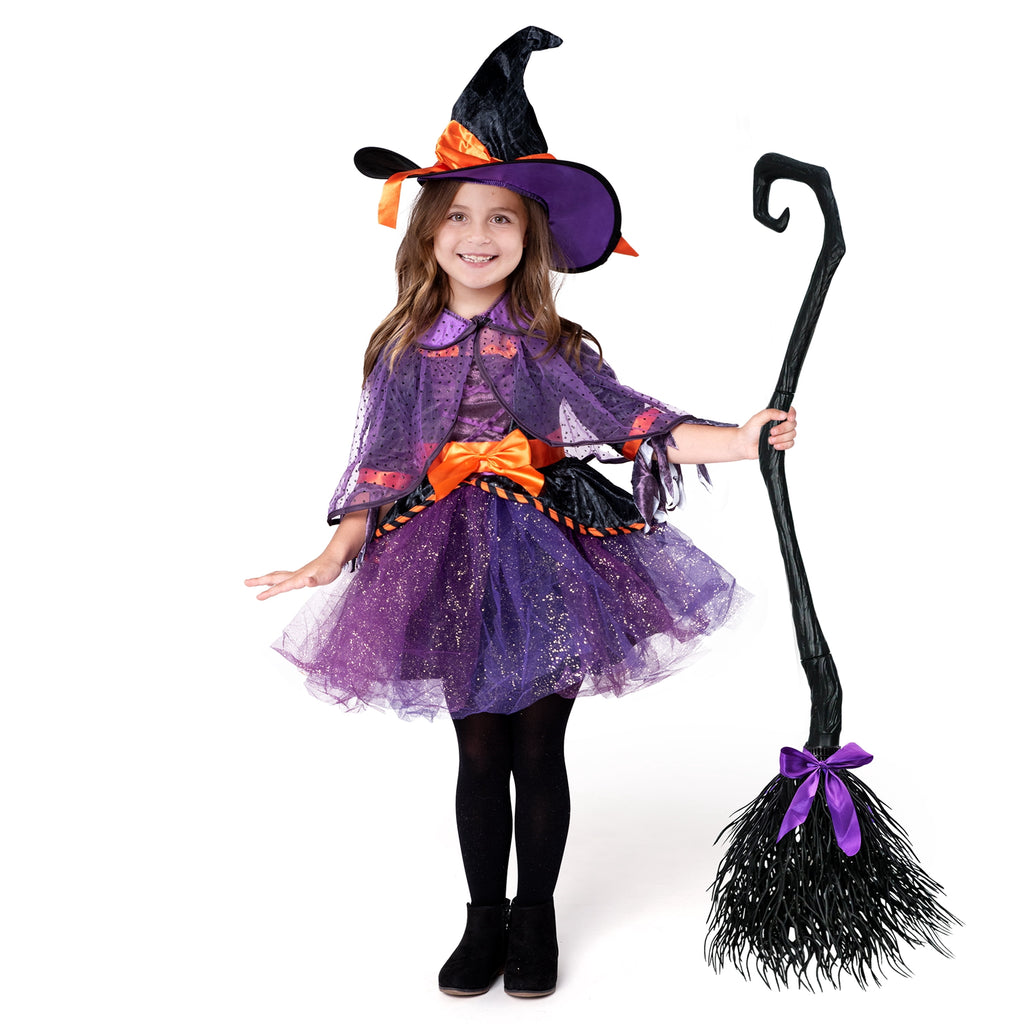 Joyfy Witch Costume for Girls, Purple Witch Dress with Broom Hat for Kids and Toddlers Halloween Dress up Parties