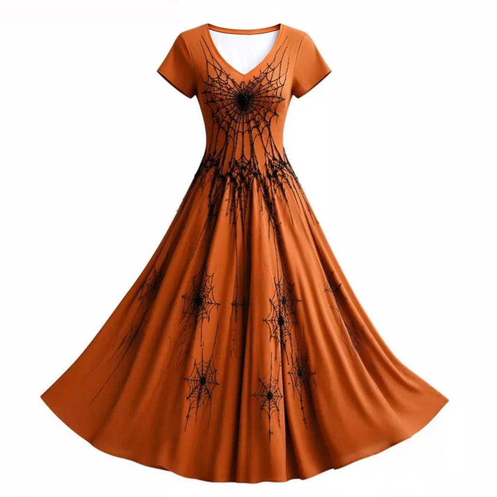 KICILVS Gothic Clothes For Women Black Spiderweb And Spider Print Flowing V Neck Long Maxi Dress Halloween Cosplay Gothic Party Dress