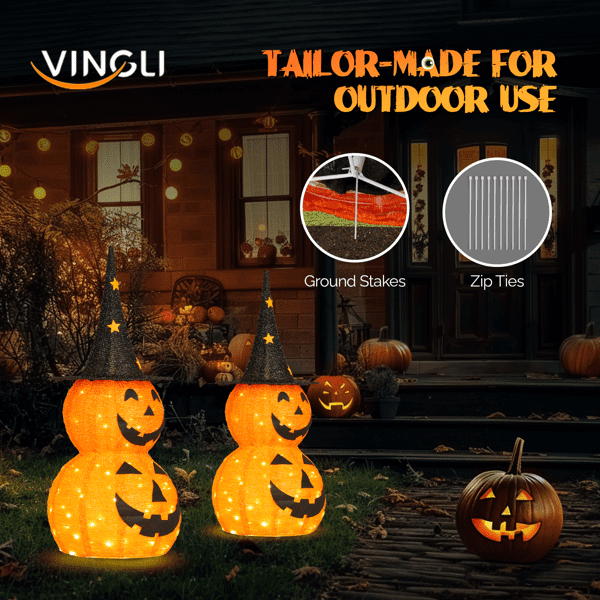 Alvantor 2-Pack 3 ft Lighted Pop-Up Pumpkin Halloween Decorations with Witch Hats and 150 LEDs Total, Orange and Black