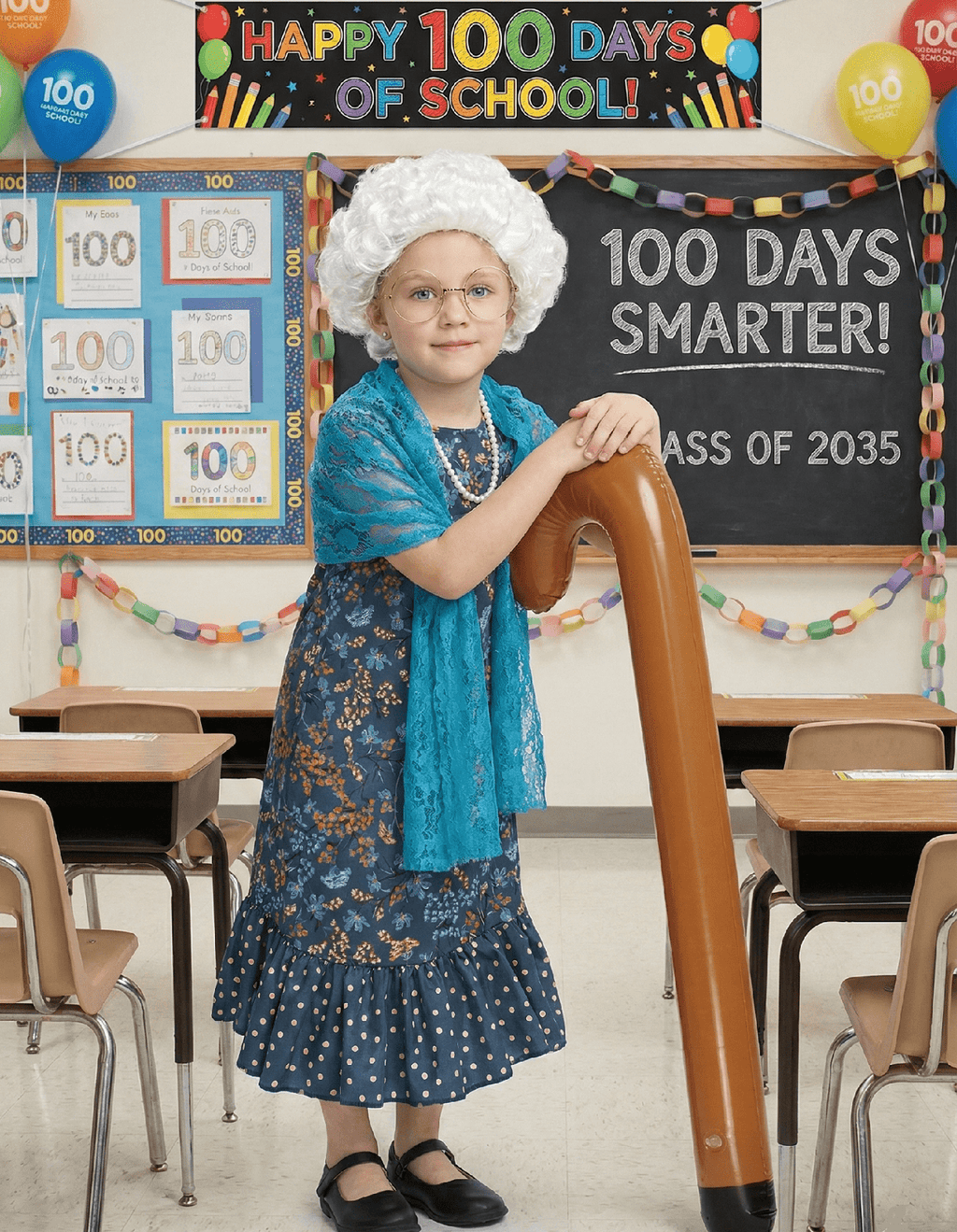 Girls Old Lady Costume, 100th Day of School 6 Pcs Dress Wig Accessories for Kids Granny Cosplay Blue 8-10Y