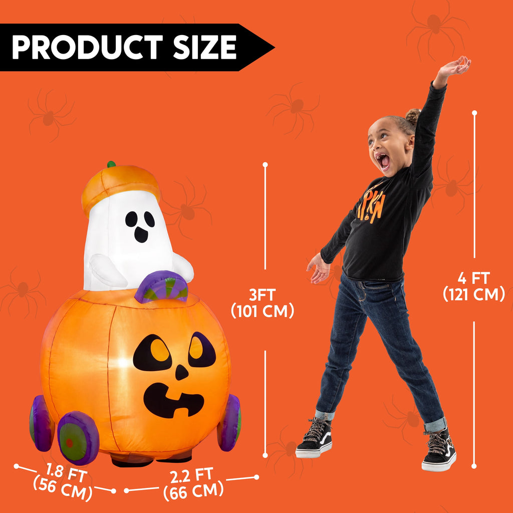 Joyfy 5ft Halloween Inflatables Light up Cute Ghost,Blow Up Ghost Lift Pumpkin Candy Bag with Build-in LEDs for Yard Decorations