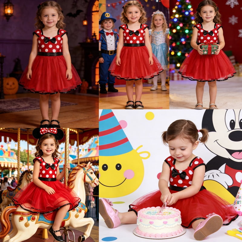 Jurebecia Girls Red Polka Dot Tutu Dress with Bow Headband, Baby Toddler Party Costume for Birthday & Cosplay (110 cm)