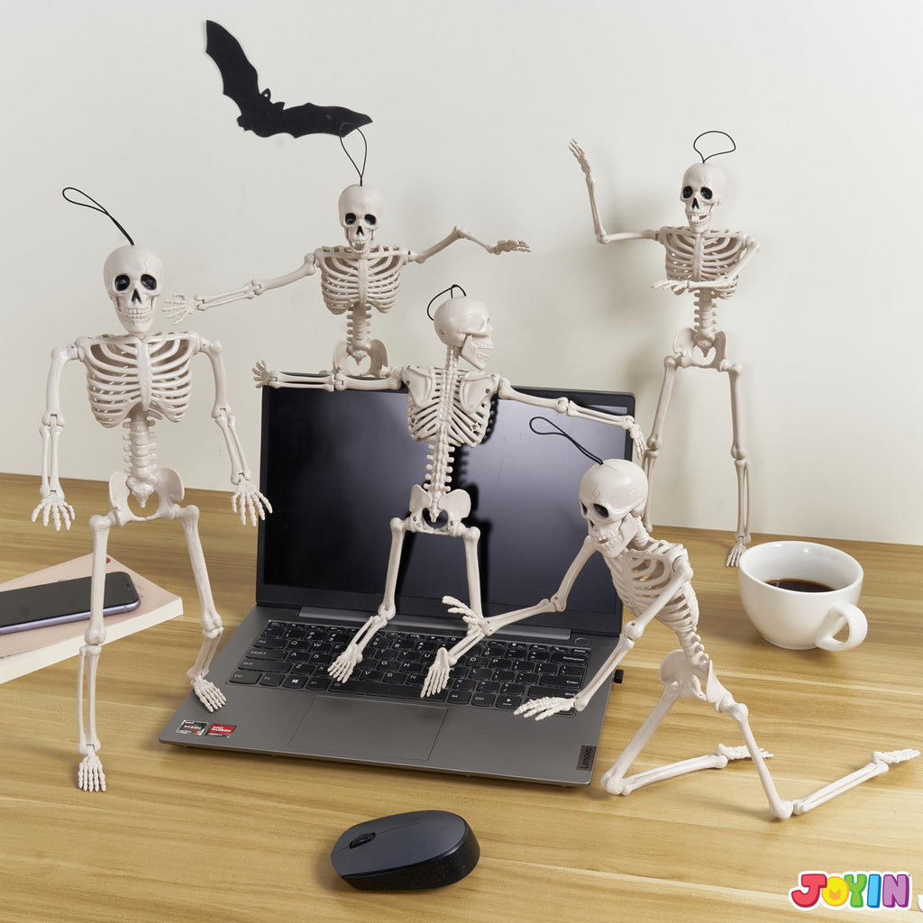 Joyfy 5 Pcs Halloween Skeleton Decorations,16 inch Full Body Poseable Skeleton with Movable Joints for Halloween Indoor Outdoor Party,Graveyard,Haunted House Accessories,White