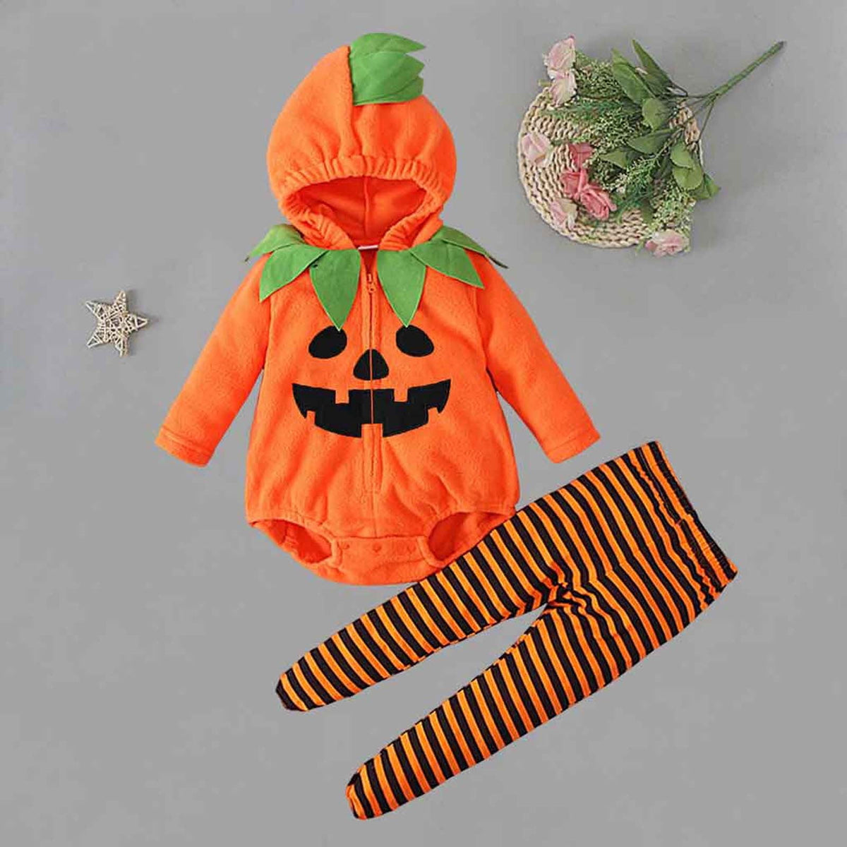 Newborn Infant Cute Jack-O-Lantern Costume Halloween Bodysuit and Striped Leggings Set Fall Holiday Fancy Dress Up Outfit for Boys Girls Party Festival