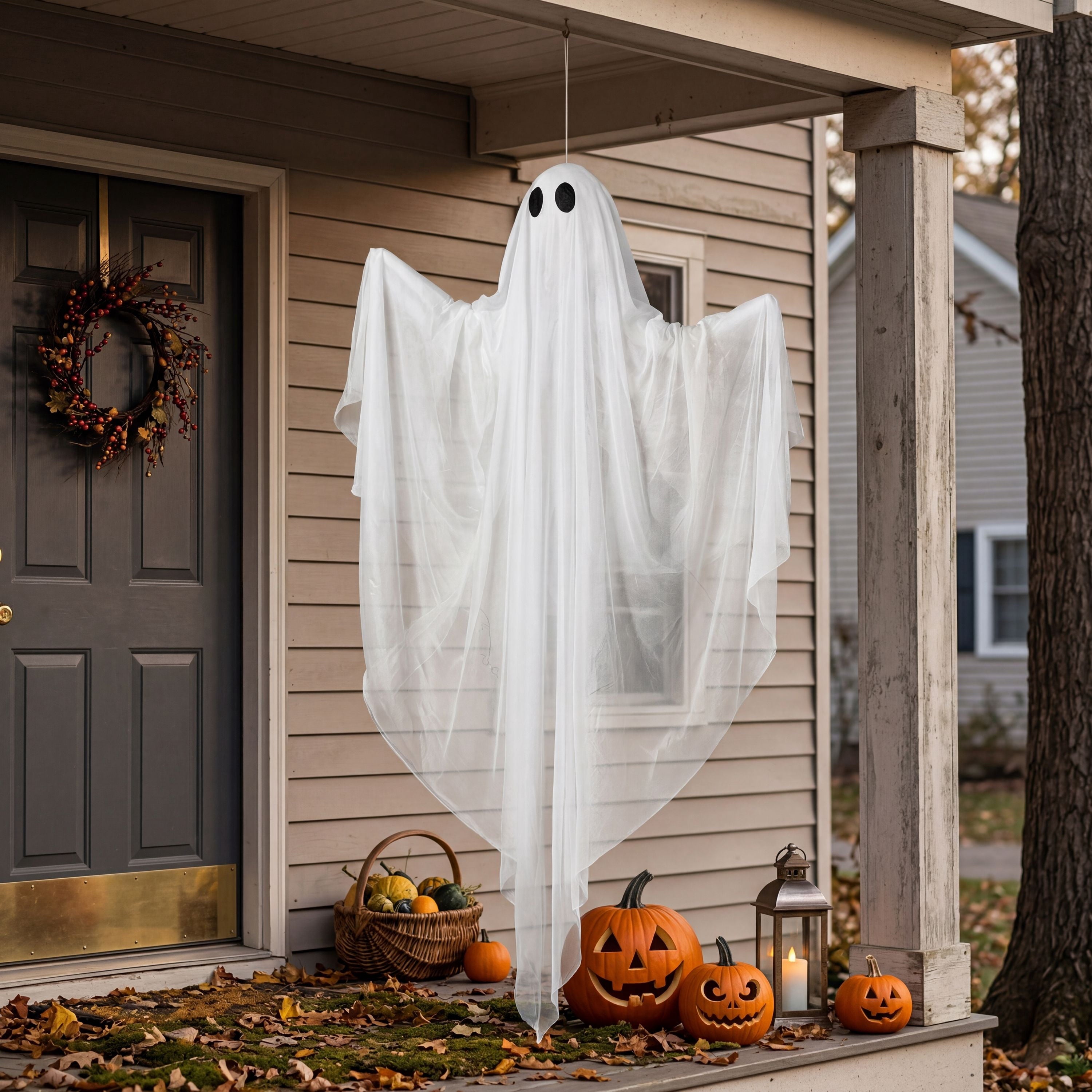 Joyfy 47inch Halloween Decorations Outdoor Hanging Ghost,Light up White Ghosts with Spooky Warm White LED Light,Halloween Outdoor Yard Porch Decorations,Haunted House Decorations