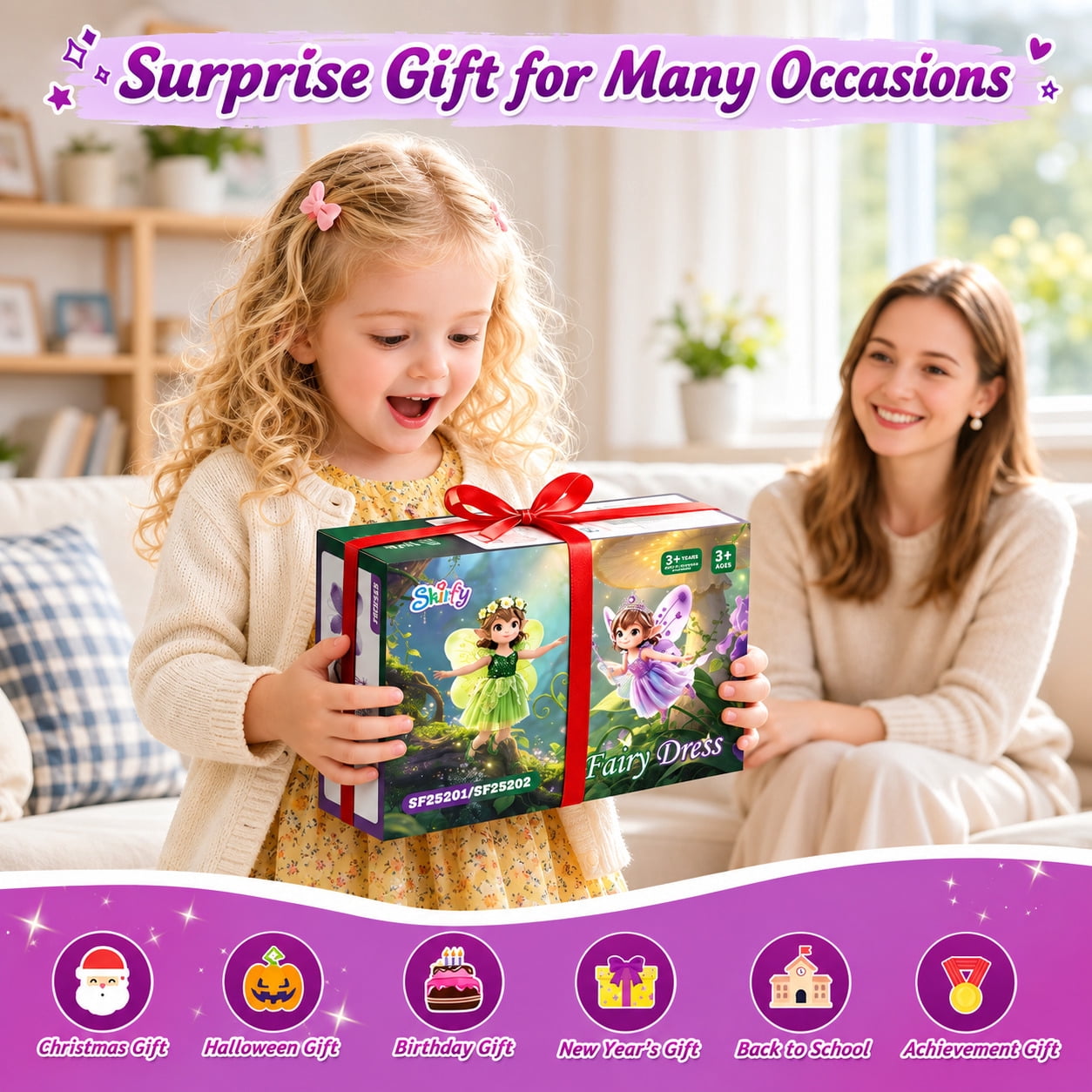 WonderStone Princess Dress for Girls, Light-Up Fairy Costume Dress-Up with Luxury Accessories, Purple Tutu Outfit for Birthday Parties, Kids & Toddlers Ages 5-6