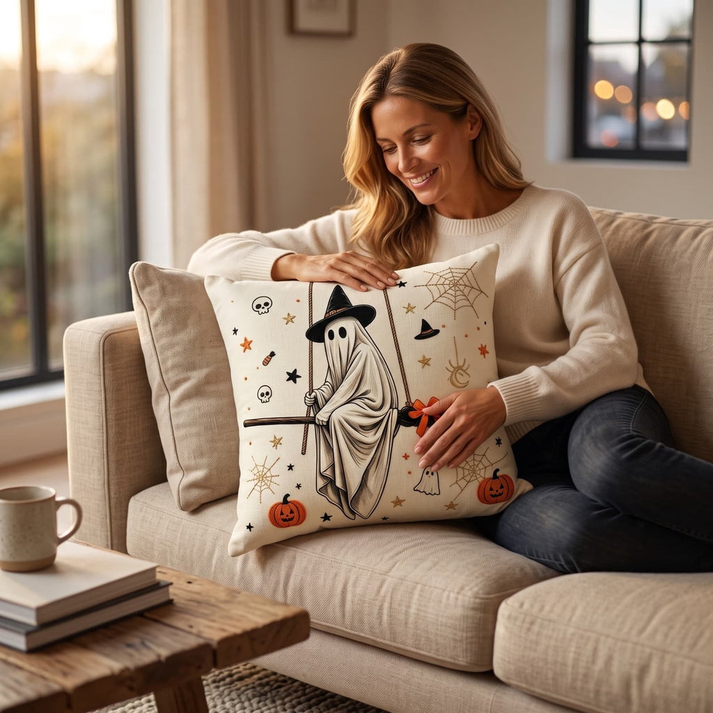 Halloween Ghost Reading Book Throw Pillow Cover, Spooky Library Bookshelf Skull Candlestick Decorative Pillowcase, Retro Halloween Cushion Cover