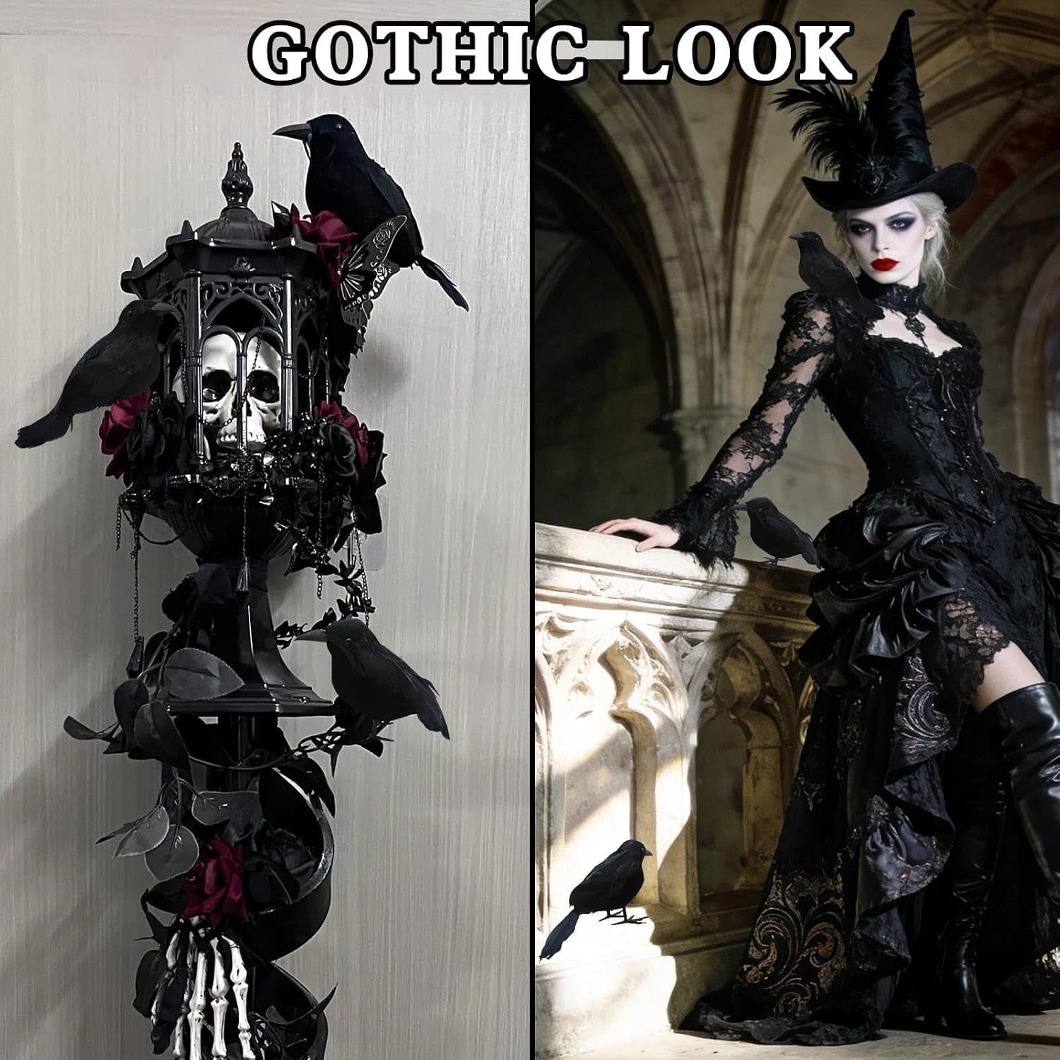 Yanxiao 6PCS Halloween Black Crows Decorations, Realistic Foam Halloween Handmade Black Feathered Crows with Fixable Legs, Halloween Gothic Ornaments for Table Centerpieces, Party, Indoor & Outdoor