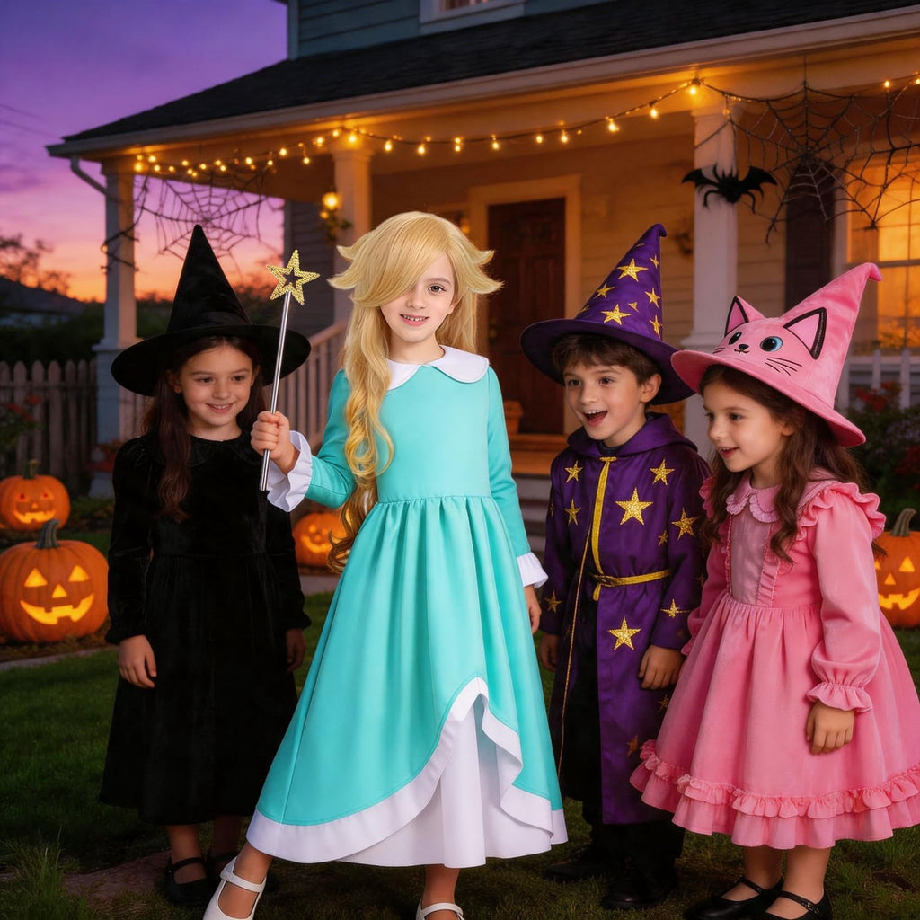 G*irls Halloween Princess Dress with Accessories, Blue Princess Dress with Wig Wand Crown Earrings and Star Earrings