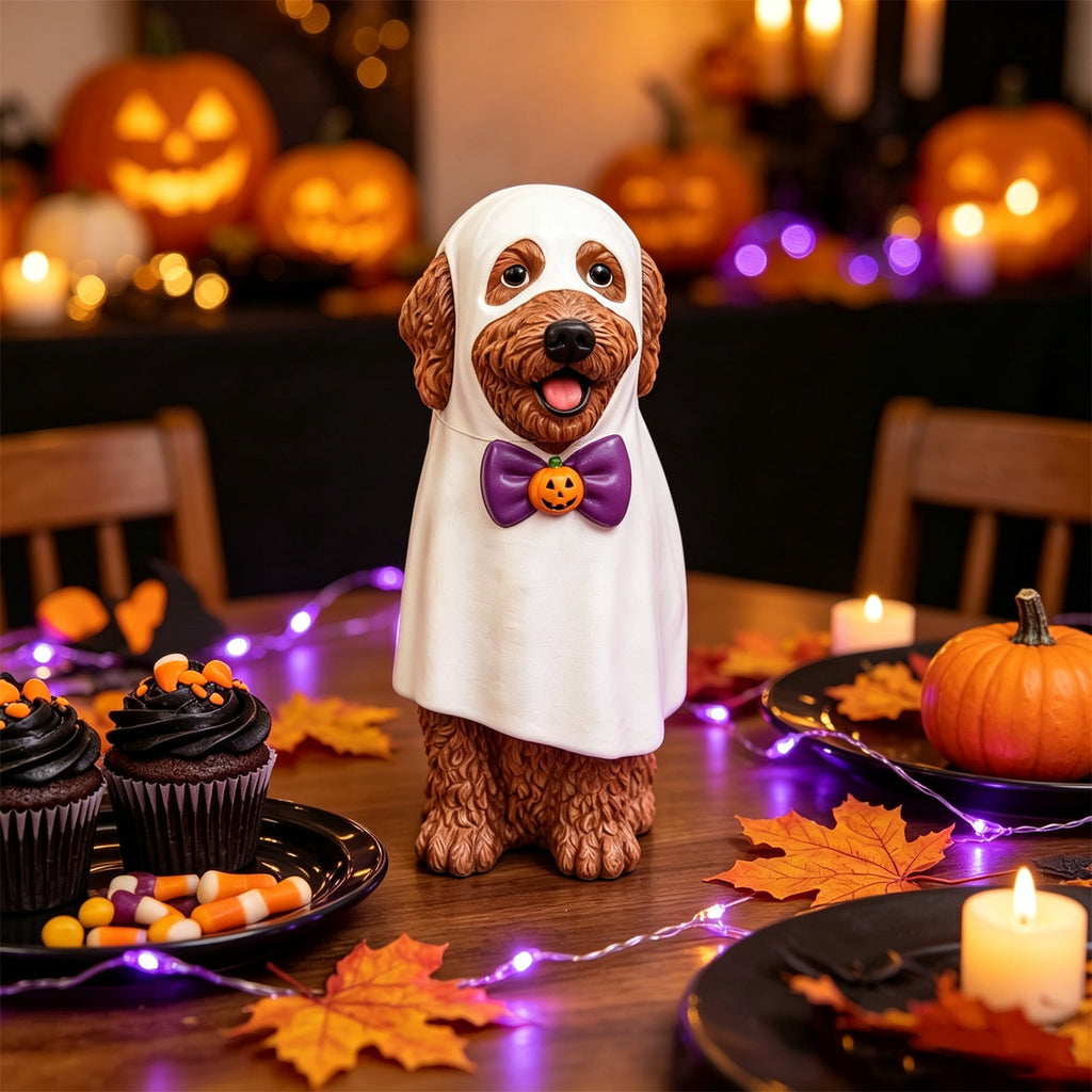 Lighted Scarecrow Bull Terrier Halloween Blow Mold, Cute Puppy Pumpkin Hat Halloween Decor, Resin Ornament for Patio Yard Tabletop Home Decoration, 8"