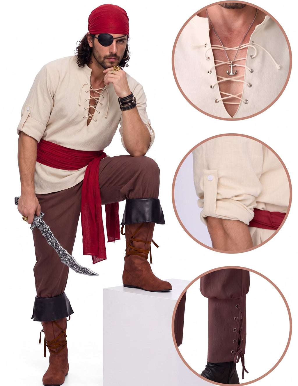 Joyfy Men Pirate Costume Set, Adult Halloween Costume Renaissance Medieval Viking Pirate Costume for Halloween Fancy Dress Up Party Cosplay