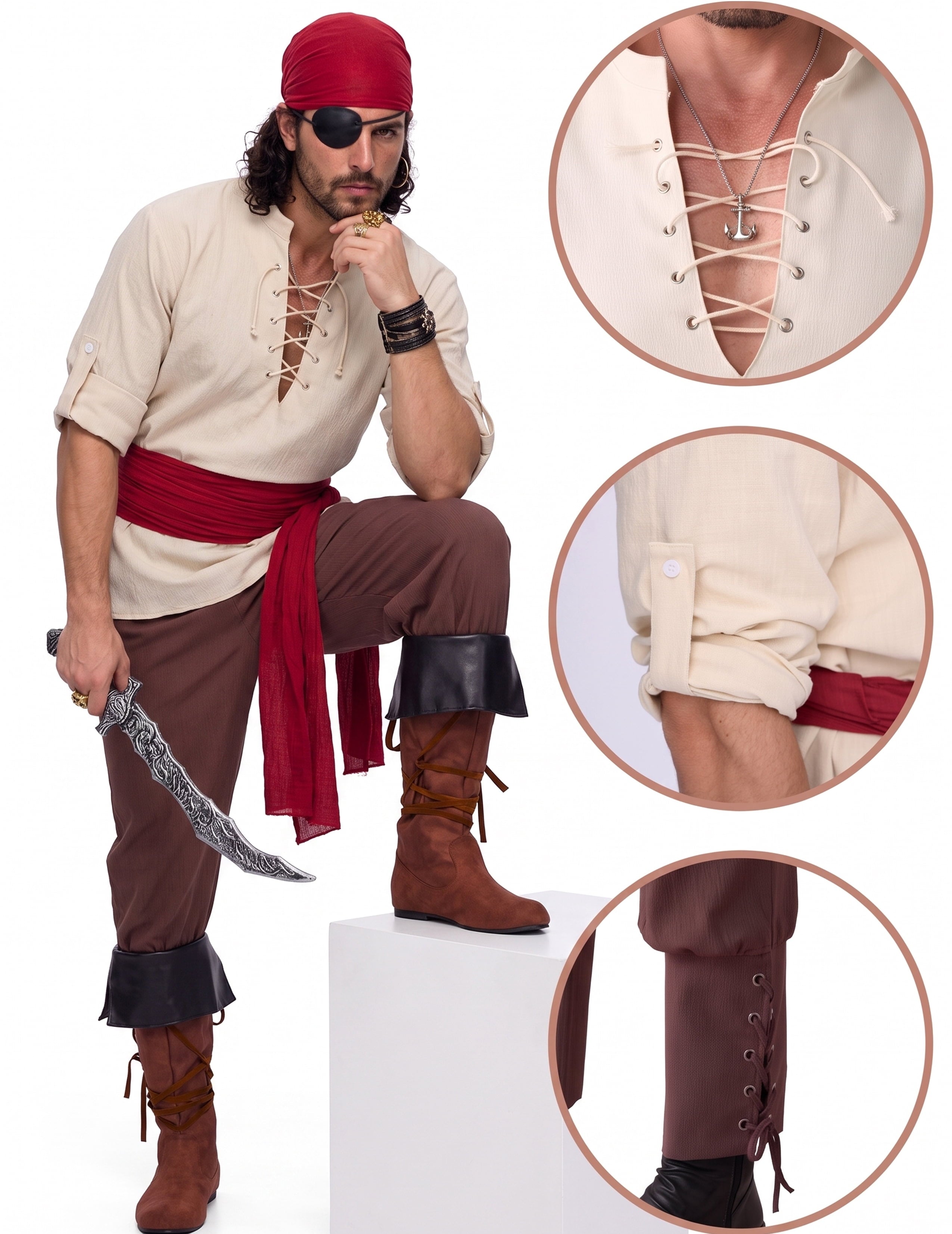 Joyfy Men Pirate Costume Set, Adult Halloween Costume Renaissance Medieval Viking Pirate Costume for Halloween Fancy Dress Up Party Cosplay