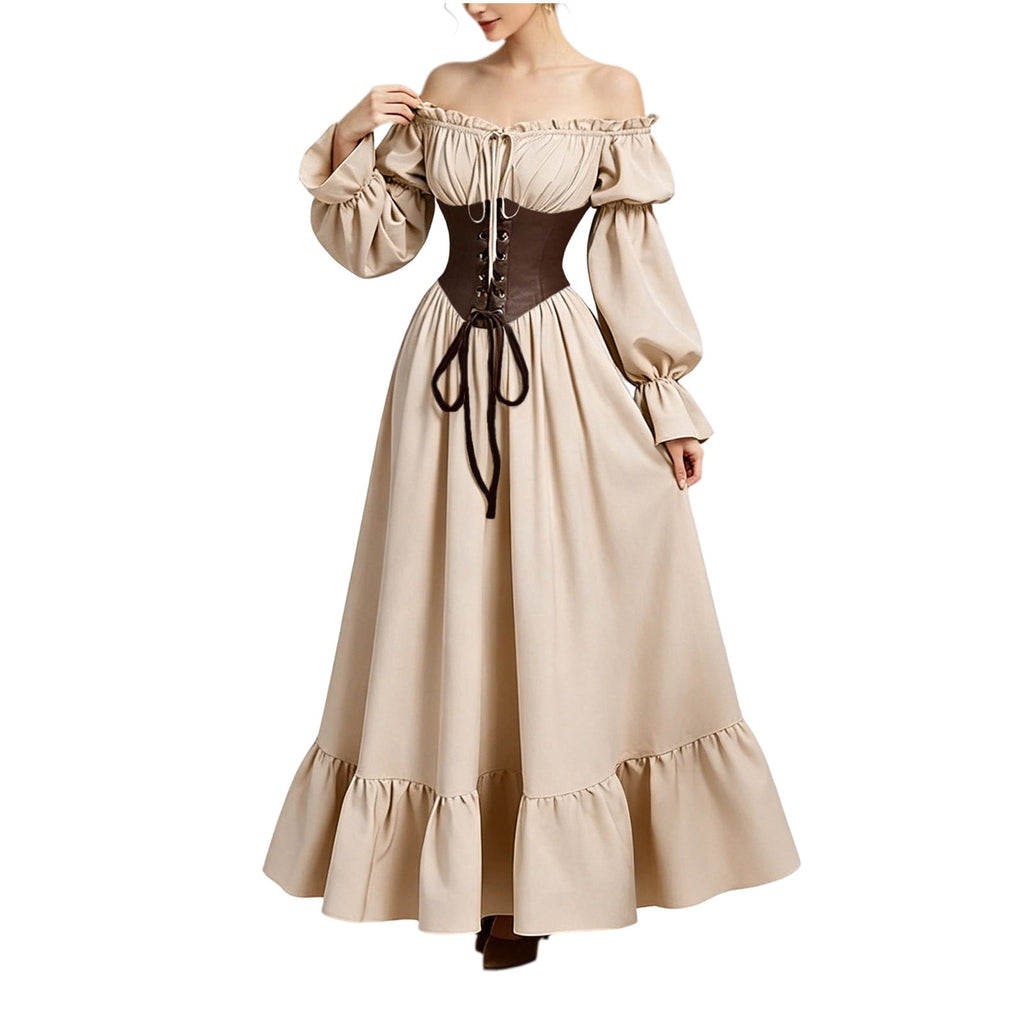 QATAINLAV Renaissance Costume Women Vintage Medieval Dress Cold Shoulder Short Sleeve Peasant Pirate Irish Maxi Dresses, Black, L