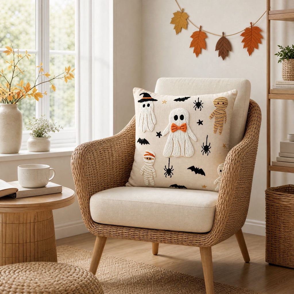 Yeciiwht Halloween Throw Pillow Cover – 18*18inch Embroidered Linen Cushion Case with Ghost, Mummy & Bat Designs, Invisible Zipper, Machine Washable