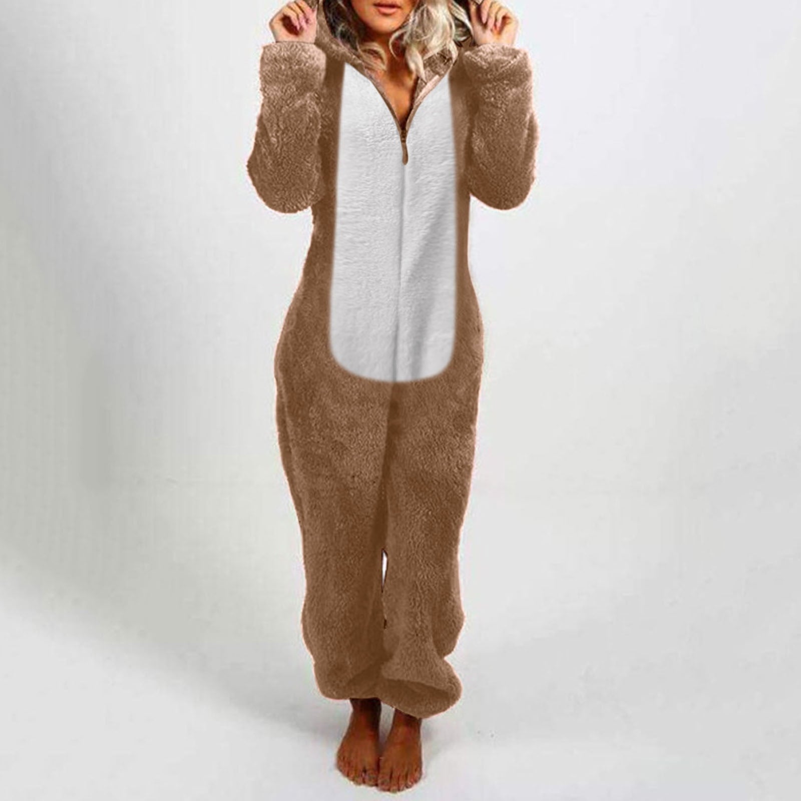 QATAINLAV Sherpa Fleece Jumpsuit for Women Winter Warm Fuzzy Onesie Pajamas Cute Cat Hooded Romper Casual Zip Up Overalls Sleepwear Black XL