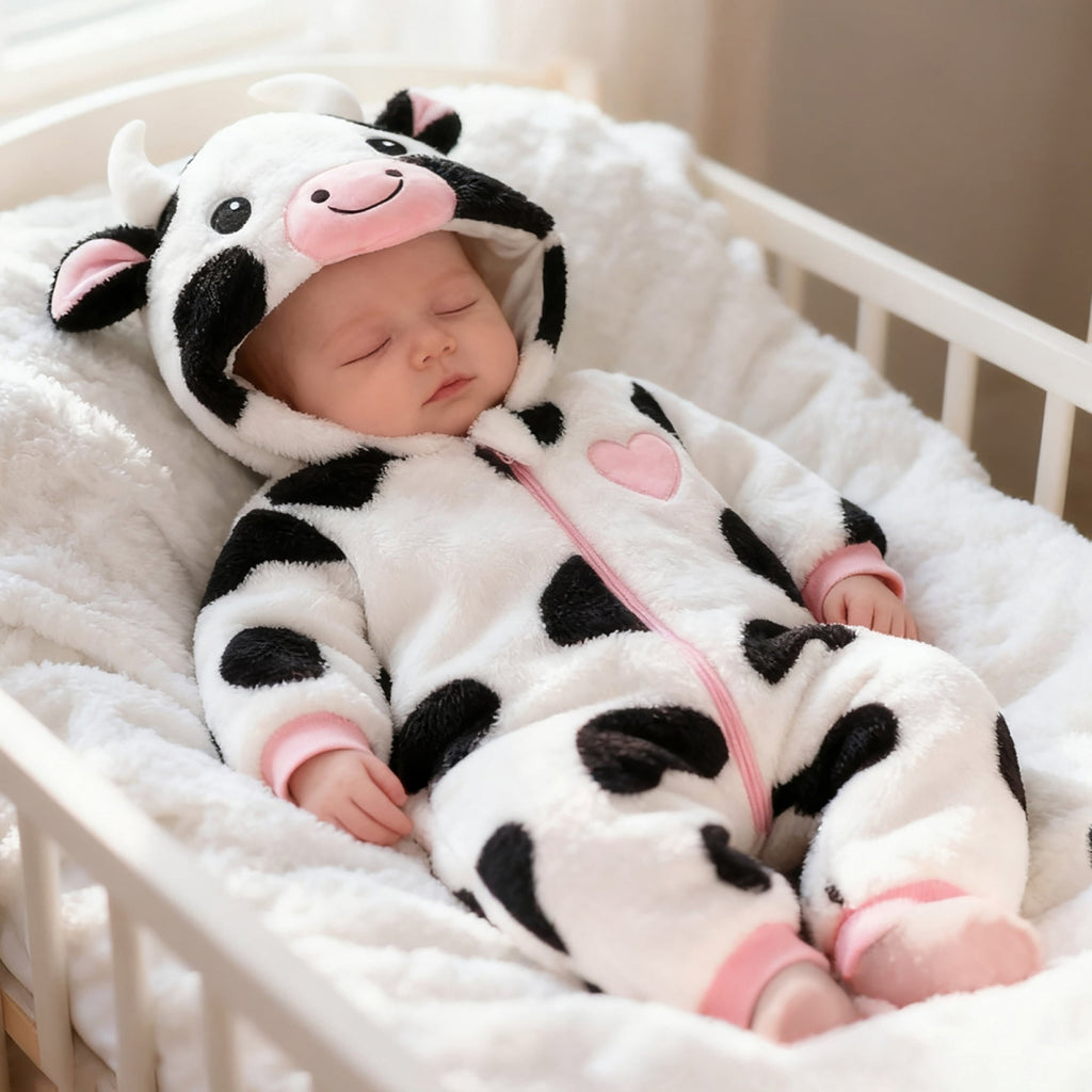RUINIXCW Baby Cow Costume Infant Halloween Animal Costume Baby Boy Girl Warm Fall Winter Outfit Fleece Jumpsuit Snowsuit Baby Photoshoot Outfits Long Sleeve Zip Up Hooded Romper