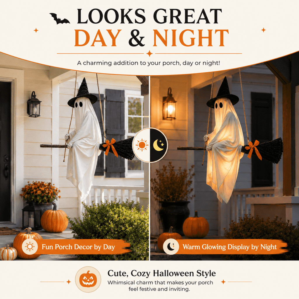 LIGHTED HANGING GHOST WITCH HALLOWEEN DECORATION Floating White Ghost With Black Witch Hat Rustic Broom And Orange Bow Warm Glow