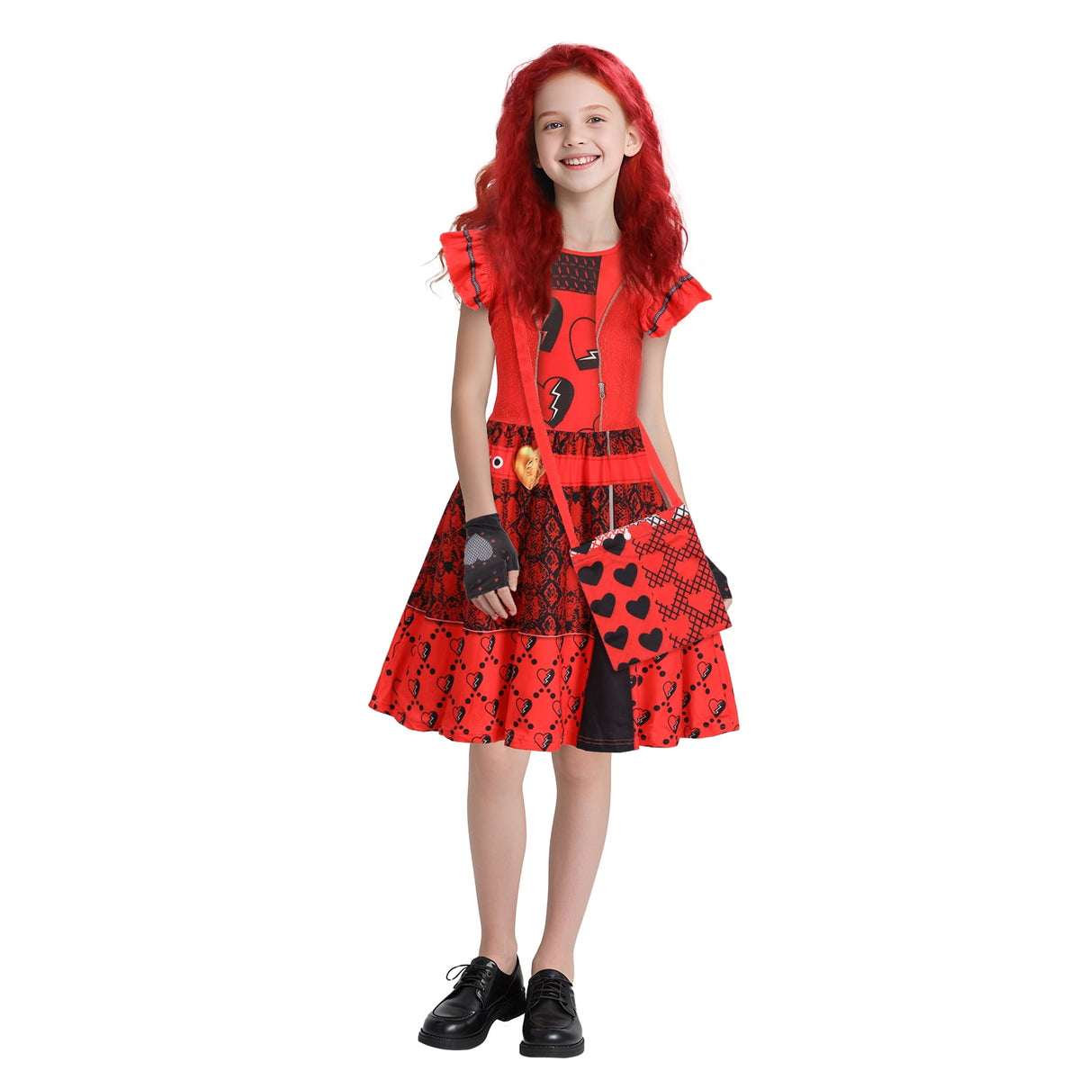 4 Piece Girls Red Heart Vampire Descendants Costume Dress with Wig Gloves Bag Full Set,Red Princess Dress Fancy Party Outfits(130CM)